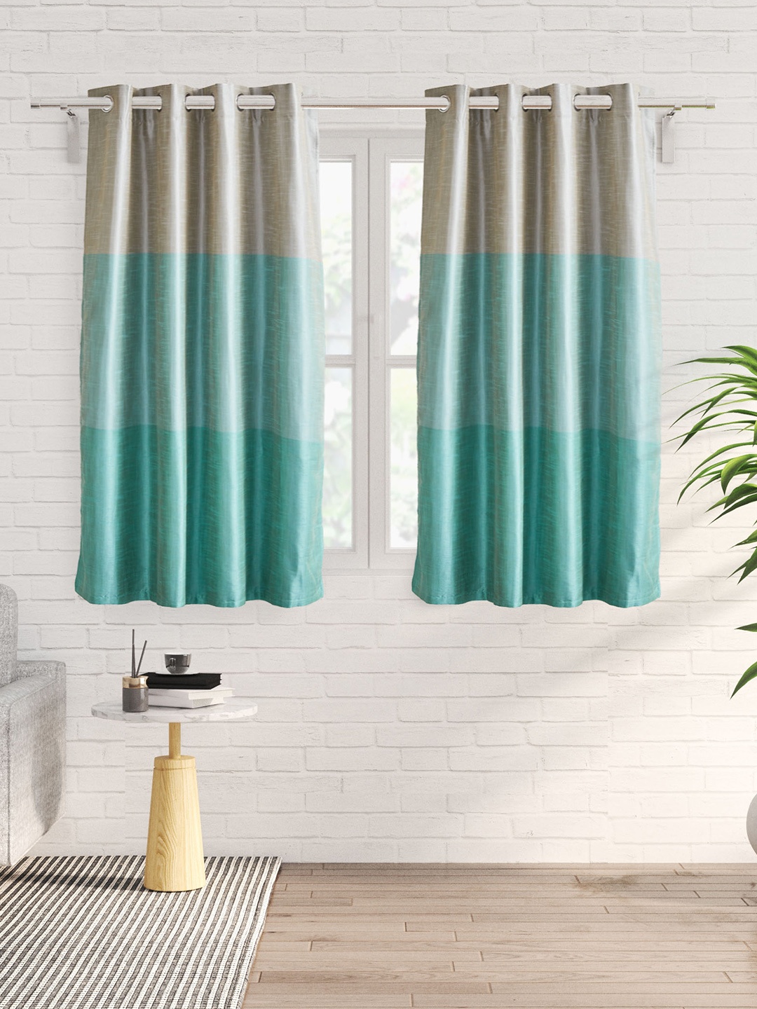 

Home Centre Contempo Blue & Grey 2 Pieces Colourblocked Black Out Window Curtains