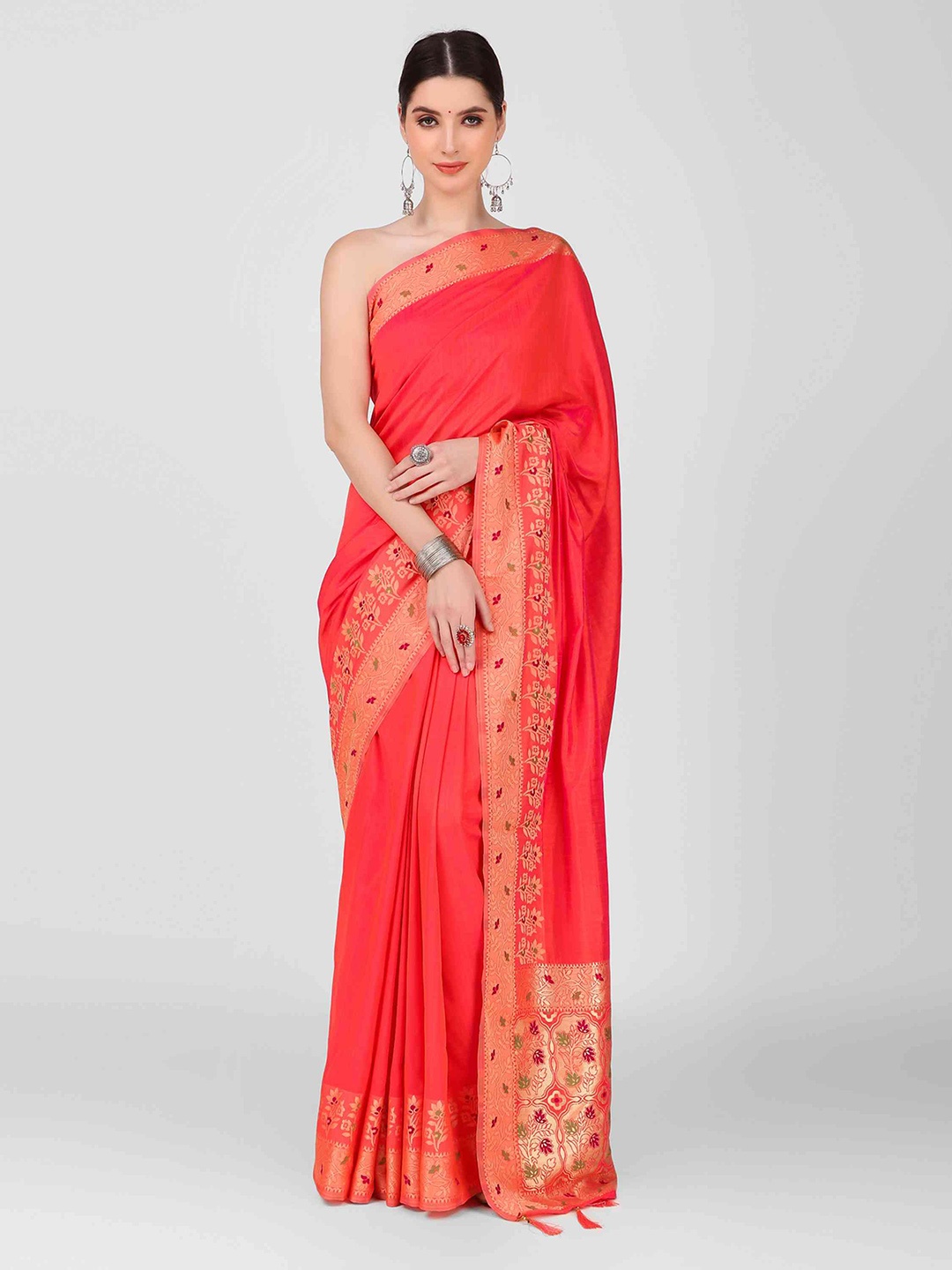 

elora Floral Zari Art Silk Designer Banarasi Saree With Tassle, Pink