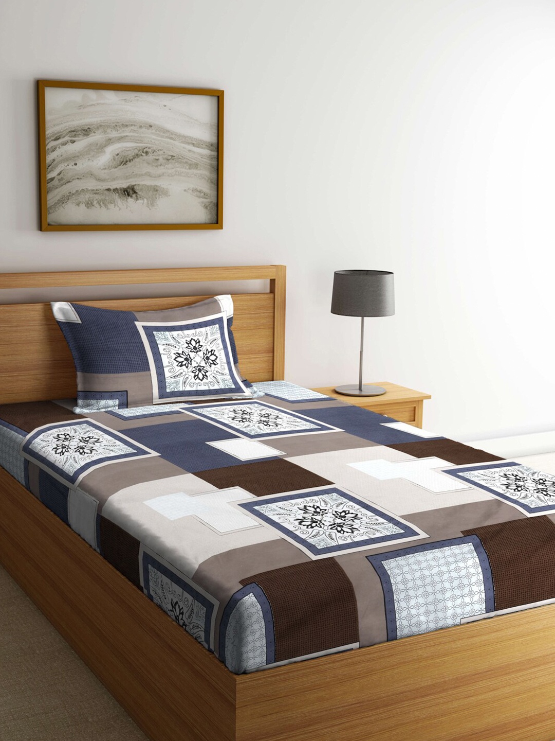 

FABINALIV Blue & White Floral 300 TC Fitted Single Bedsheet With 1 Pillow Cover