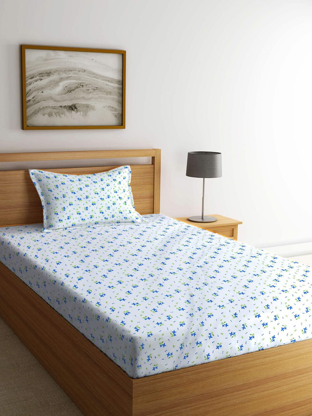 

FABINALIV White & Blue Floral 300 TC Fitted Single Bedsheet With 1 Pillow Cover