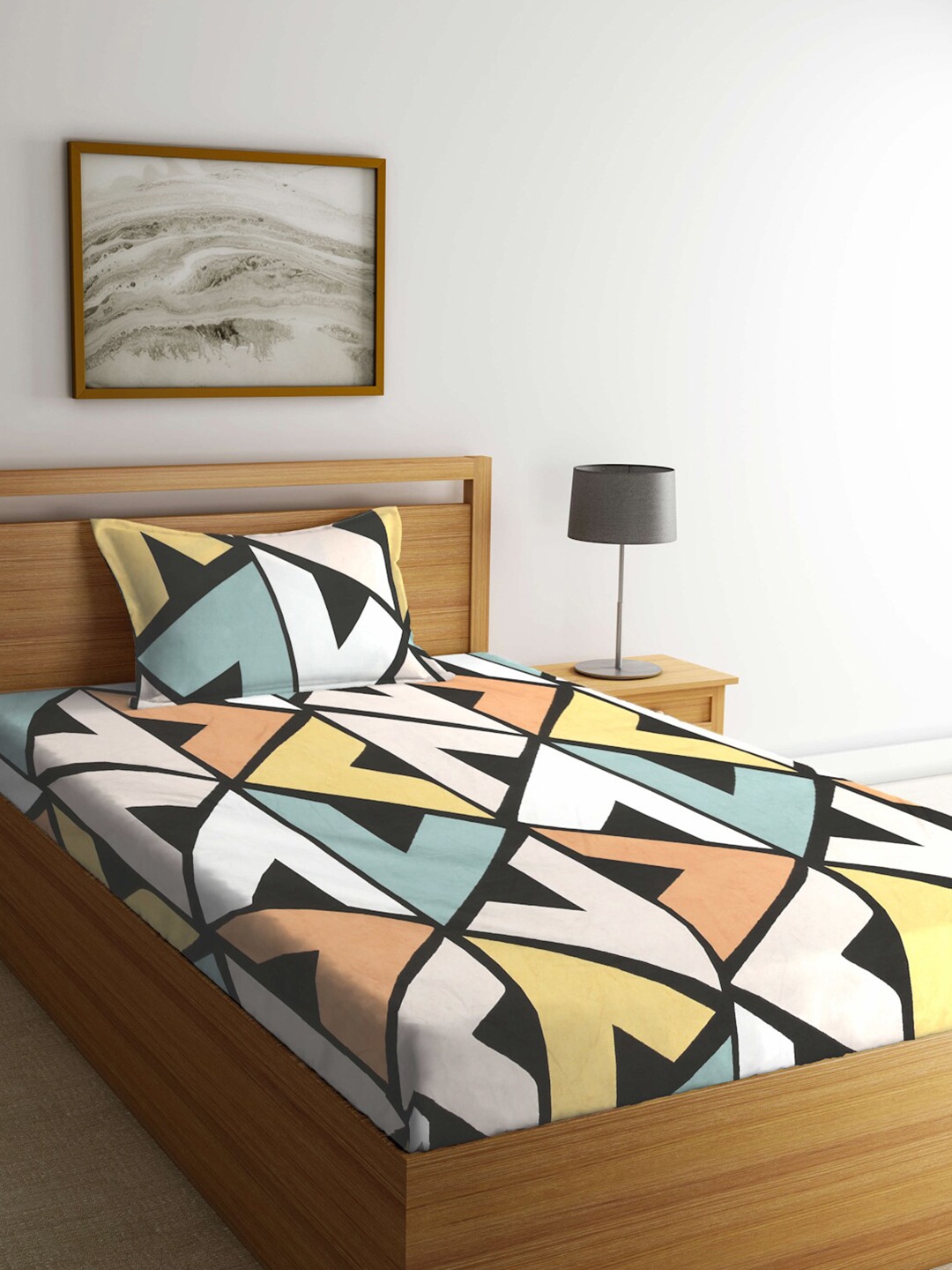 

FABINALIV White & Orange Geometric 300 TC Fitted Single Bedsheet With 1 Pillow Cover