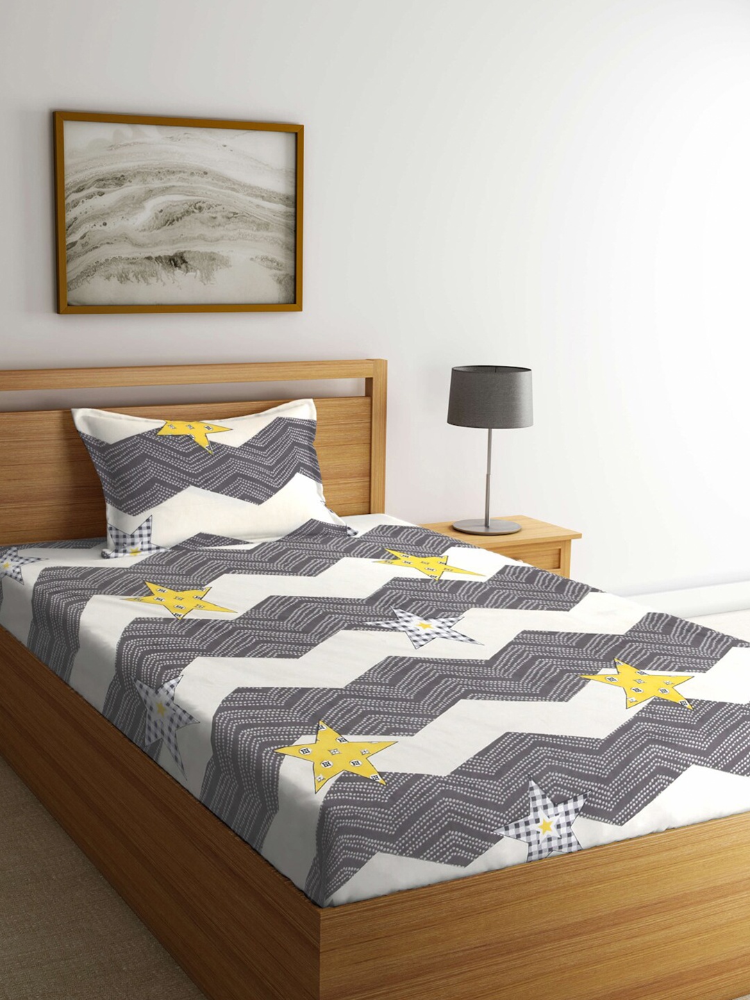 

FABINALIV Grey & White Geometric 300 TC Fitted Single Bedsheet With 1 Pillow Cover