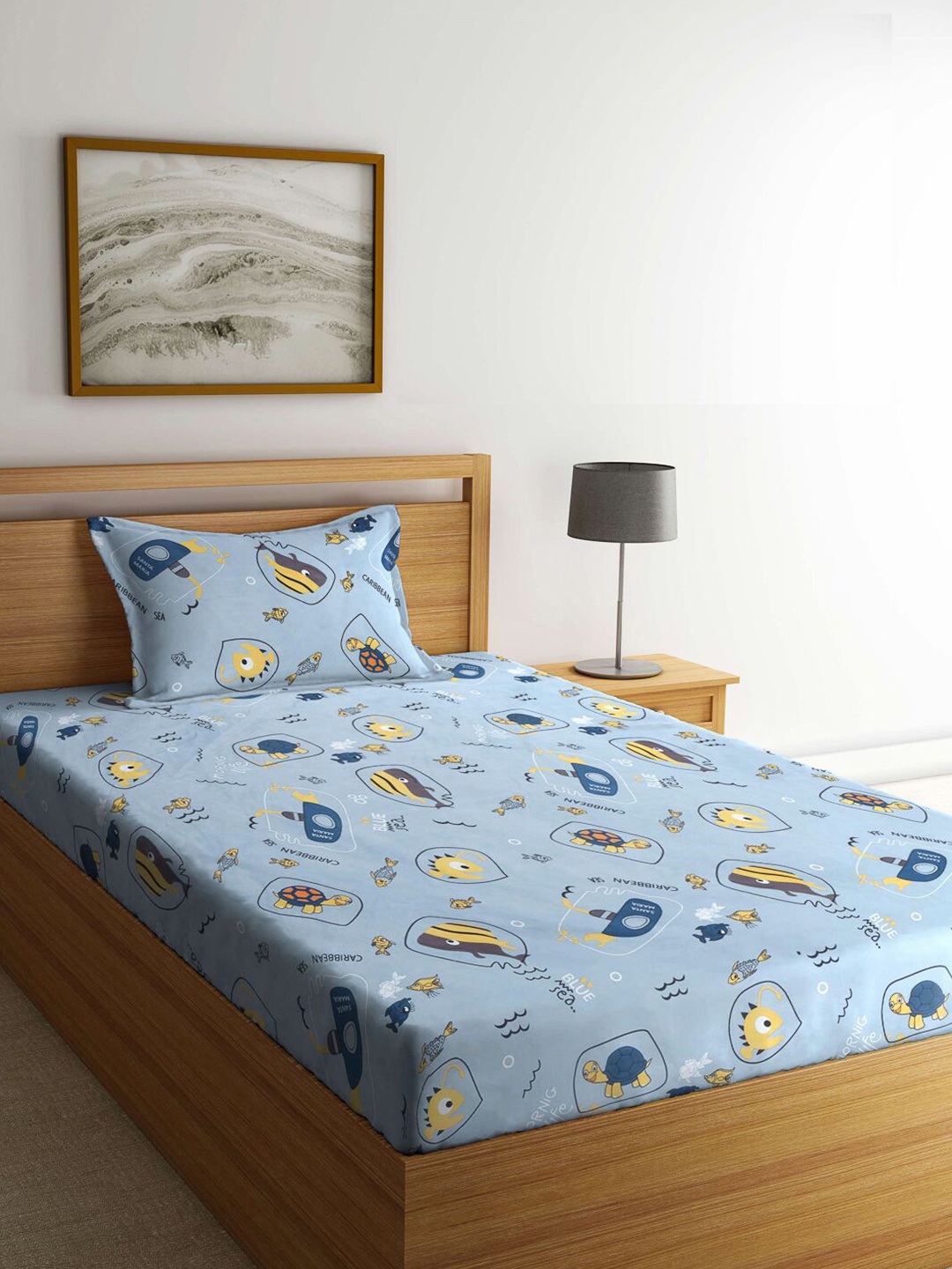 

FABINALIV Yellow & Blue Cartoon Characters 300 TC Fitted Single Bedsheet &1 Pillow Cover