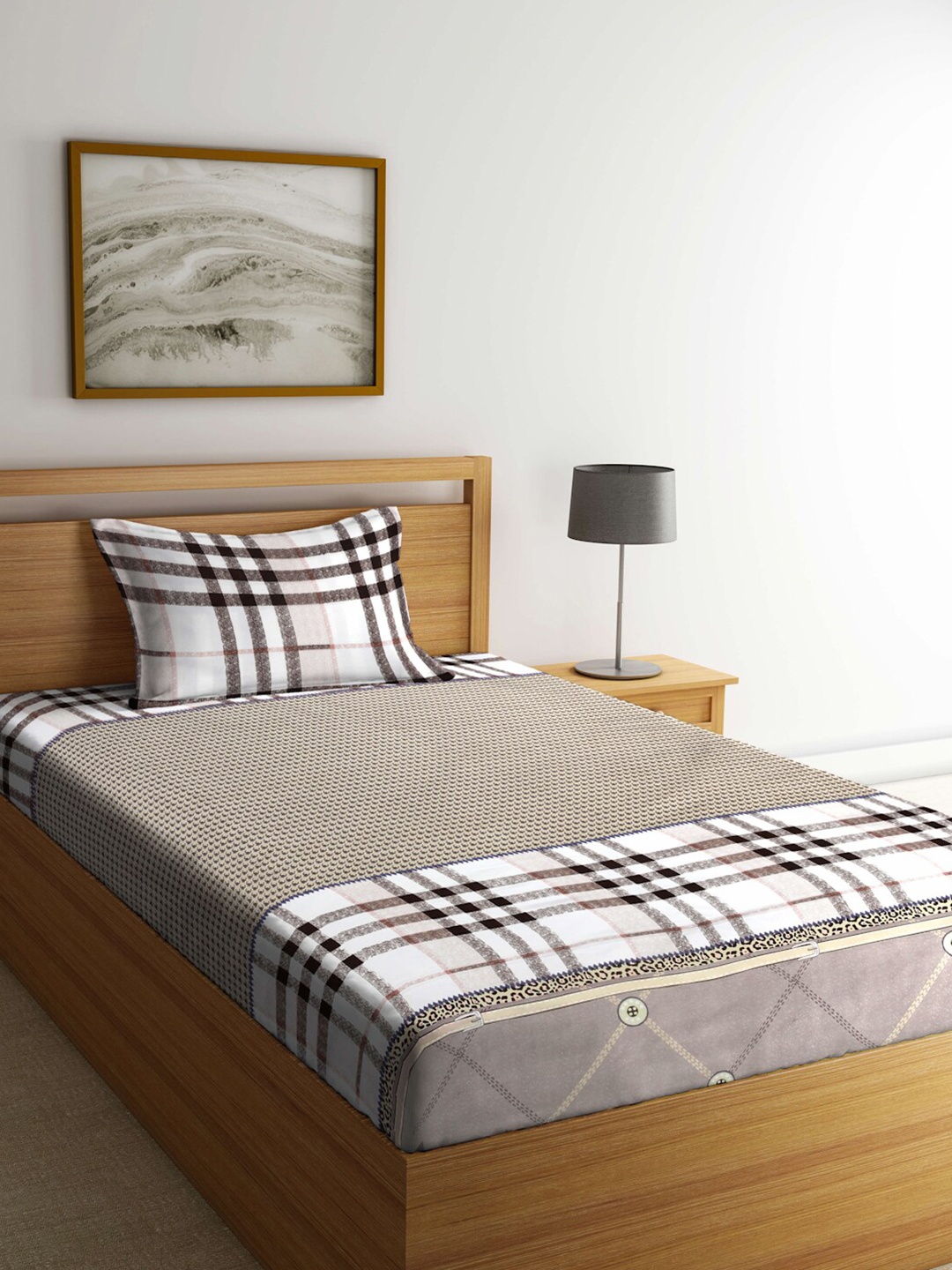 

FABINALIV Grey & White Geometric Fitted 300 TC Single Bedsheet With 1 Pillow Cover