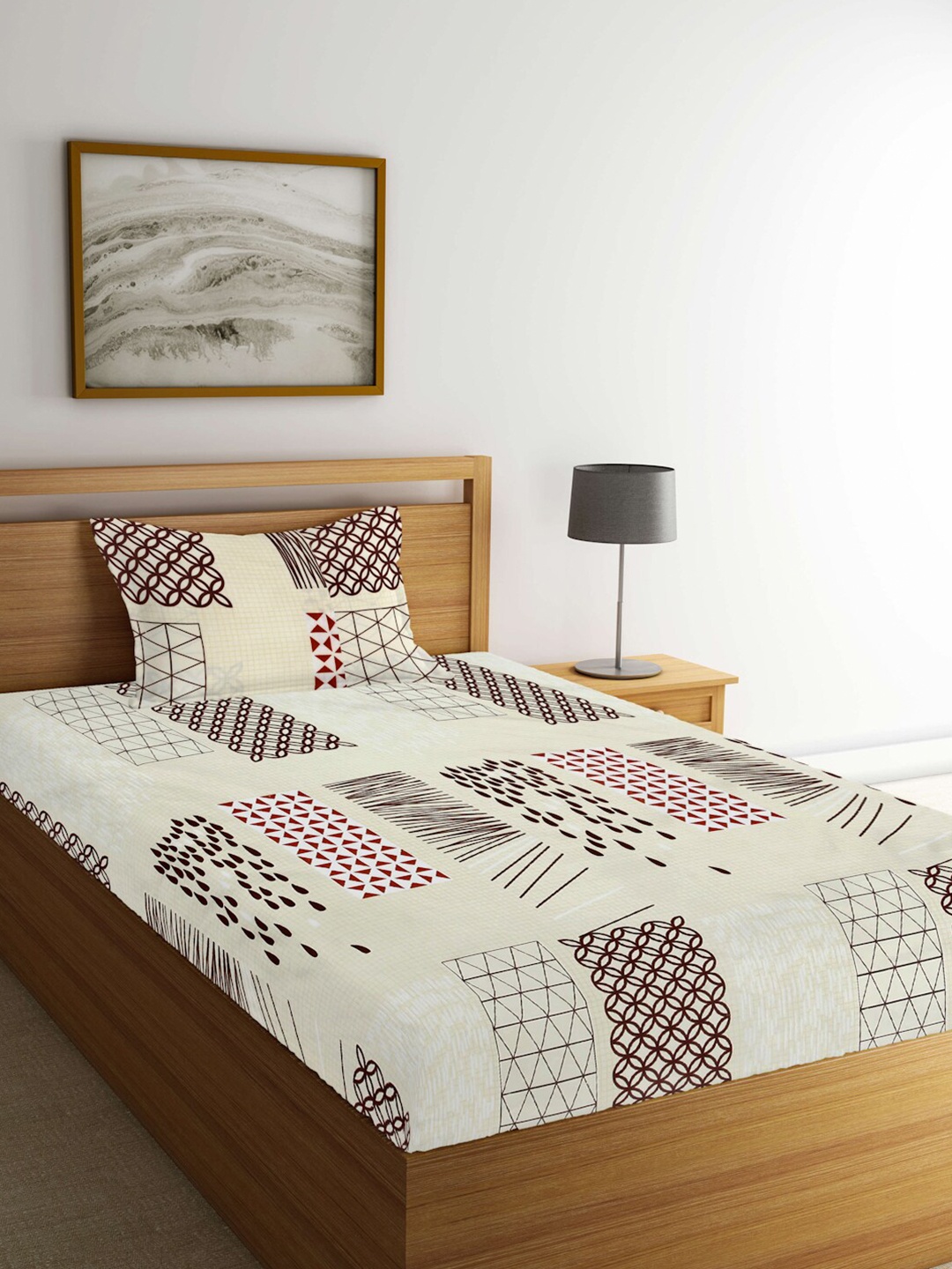 

FABINALIV Cream-Coloured Geometric Fitted 300 TC Single Bedsheet With 1 Pillow Cover