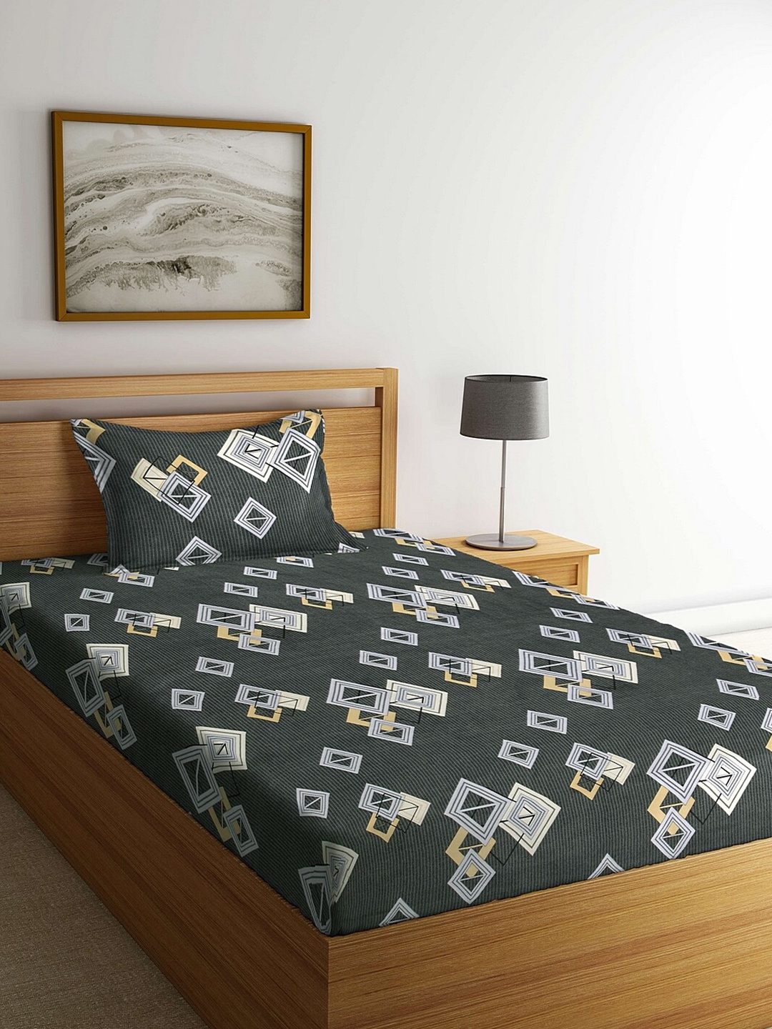 

FABINALIV Green & White Geometric 300 TC Fitted Single Bedsheet With Pillow Cover