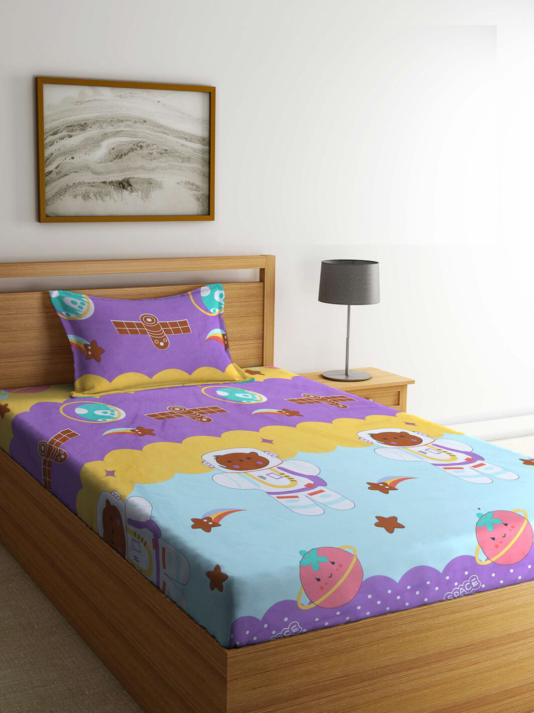 

FABINALIV Blue & Brown Graphic 300 TC Fitted Single Bedsheet With Pillow Cover