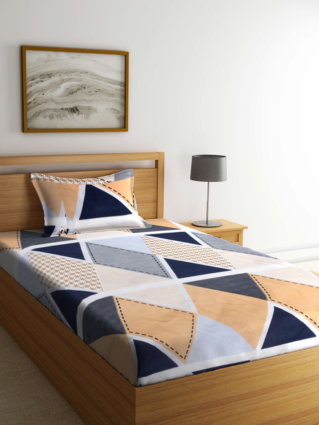 

FABINALIV Blue & White Geometric 300 TC Fitted Single Bedsheet With Pillow Cover