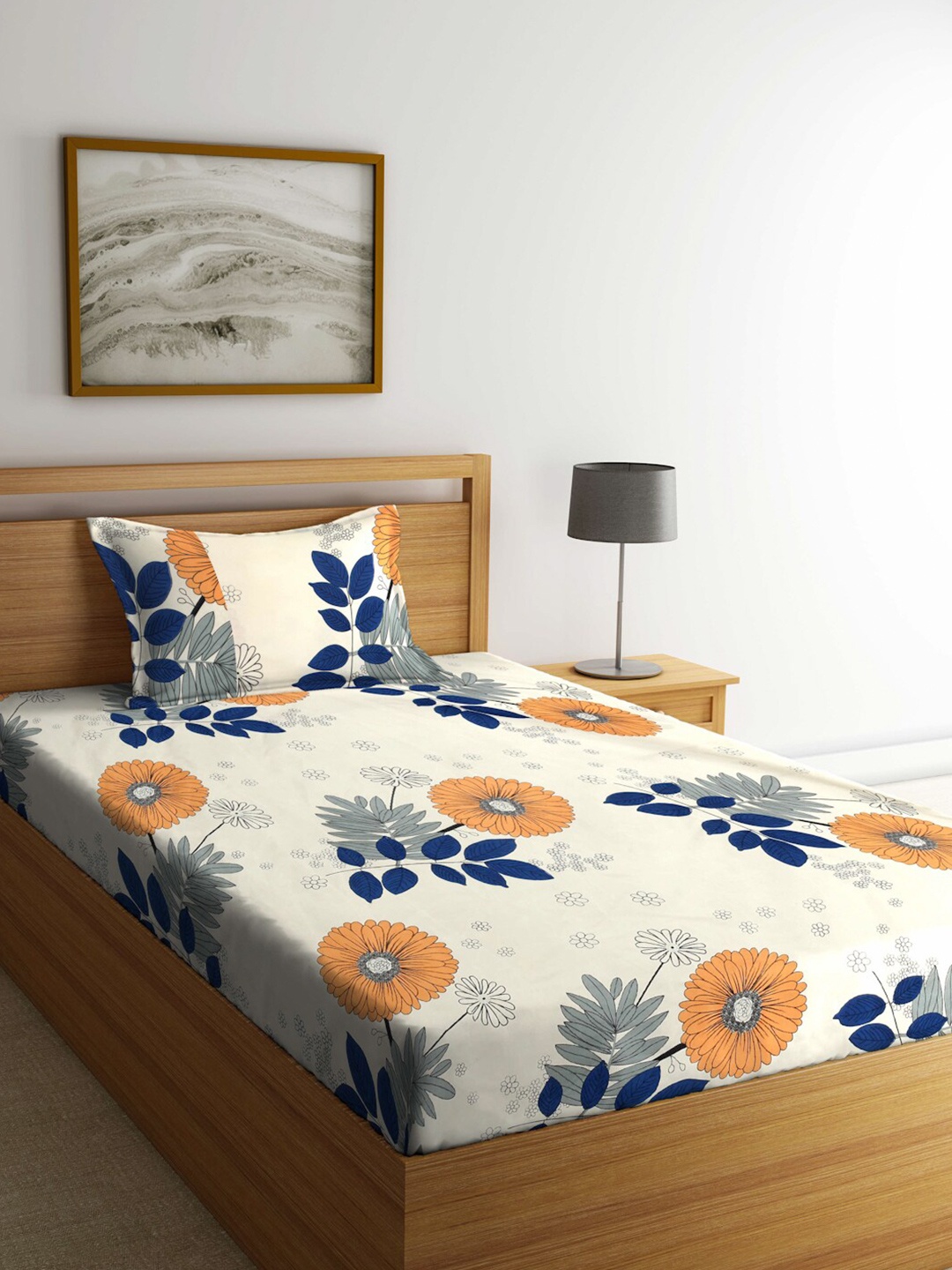 

FABINALIV Cream & Navy Blue Floral 300 TC Fitted Single Bedsheet With Pillow Cover