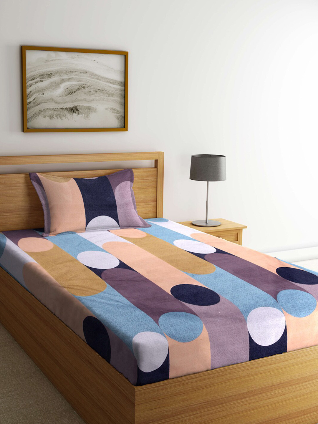 

FABINALIV Peach & Purple Geometric 300 TC Fitted Single Bedsheet With Pillow Cover