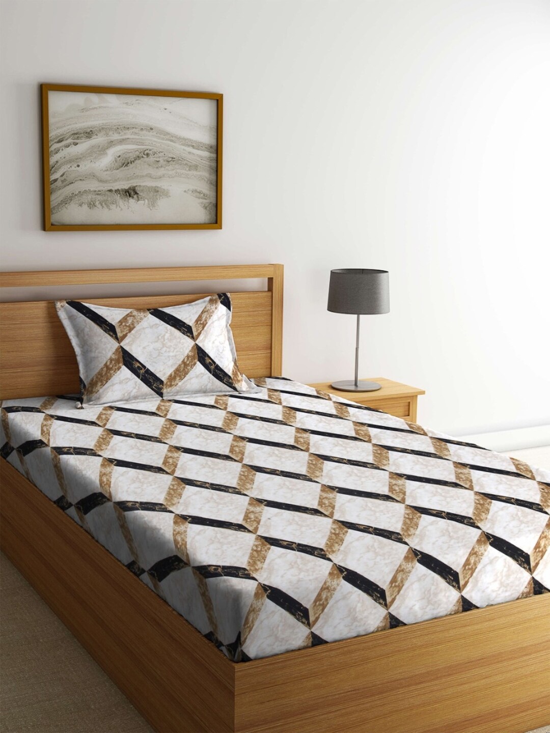 

FABINALIV White & Brown Geometric 300 TC Fitted Single Bedsheet With Pillow Cover