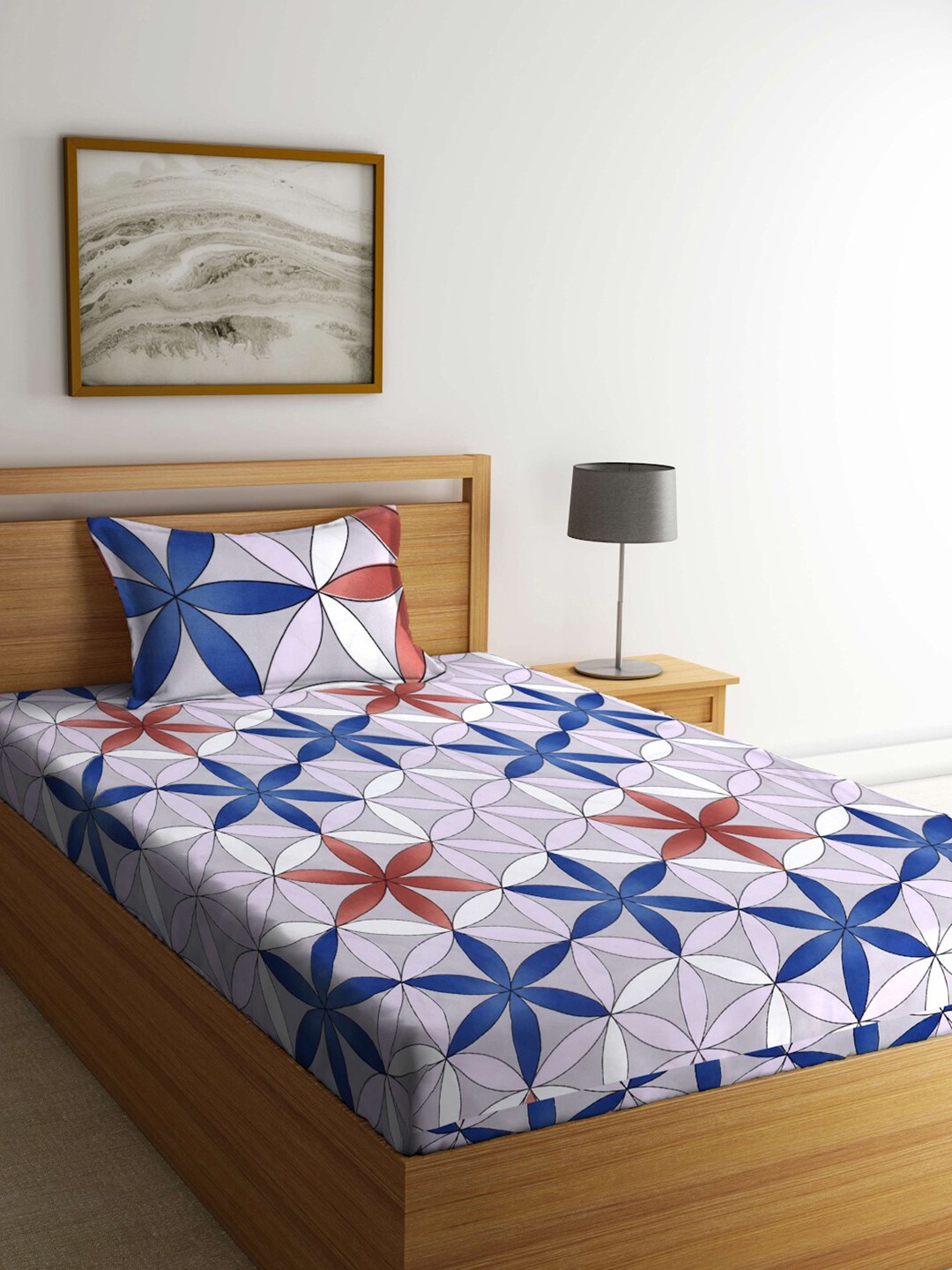 

FABINALIV Purple & Brown Geometric 300 TC Fitted Single Bedsheet With Pillow Cover