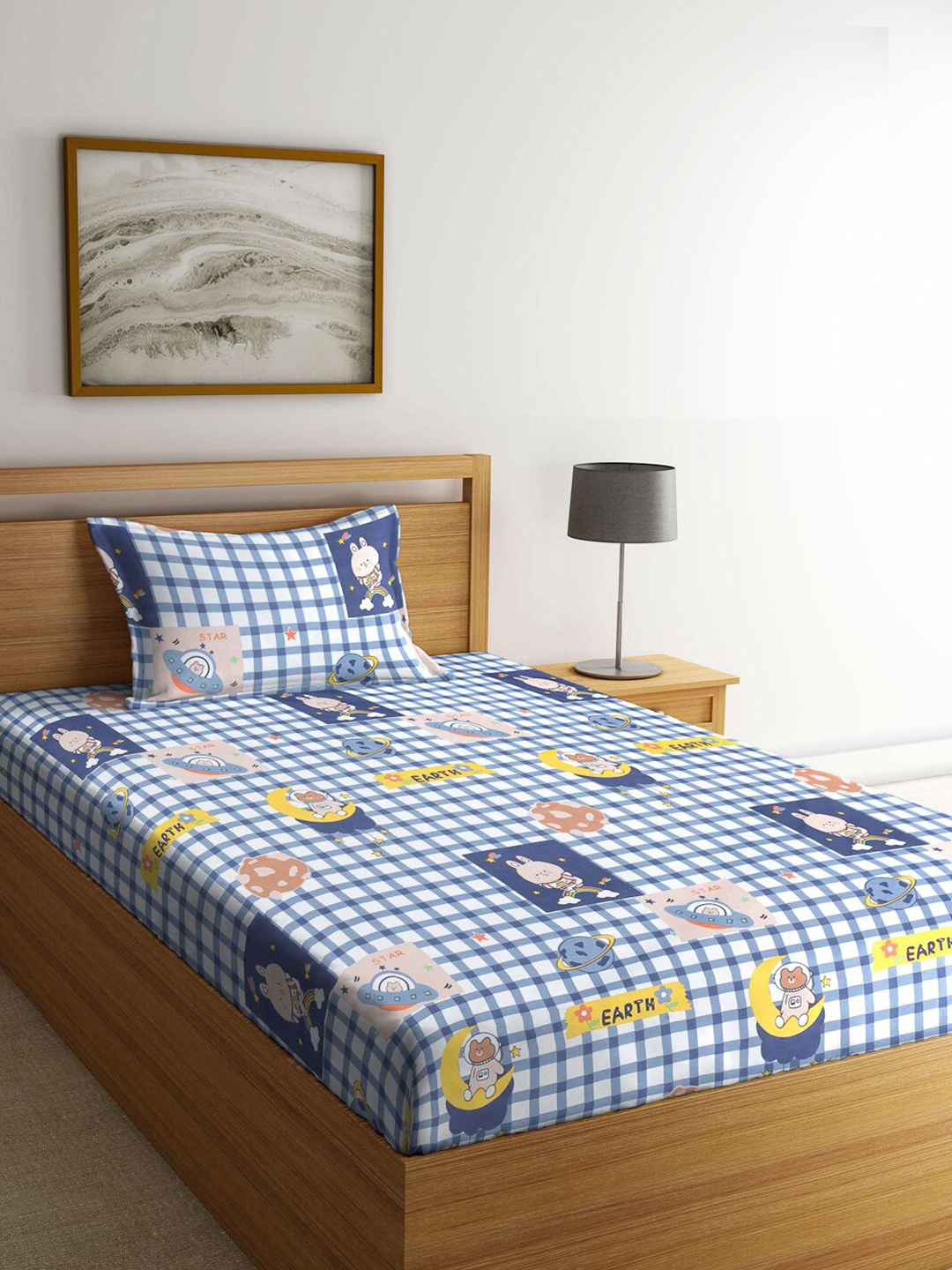 

FABINALIV Blue & White Cartoon Characters 300 TC Single Bedsheet With Pillow Cover