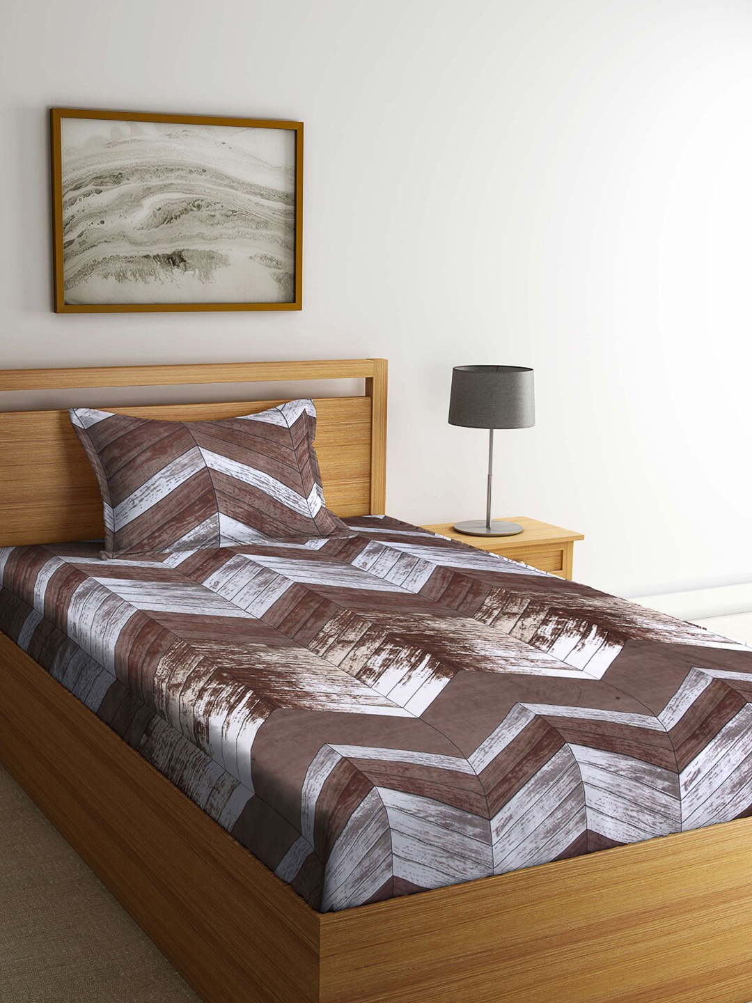 

FABINALIV Brown & Grey Geometric 300 TC Fitted Single Bedsheet With Pillow Cover
