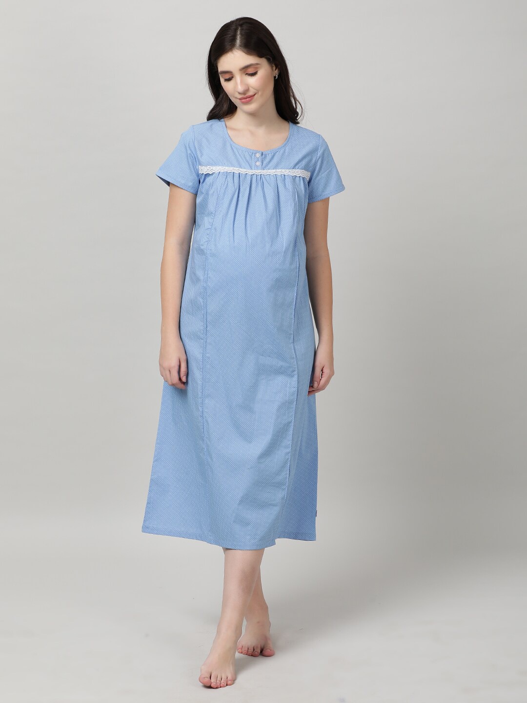 

mackly Polka Dots Printed Pure Cotton Maternity Nightdress, Blue
