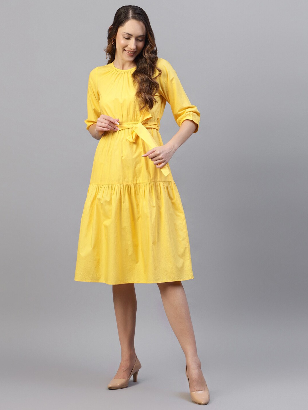 

Hencemade Round Neck Tiered A-Line Dress, Yellow