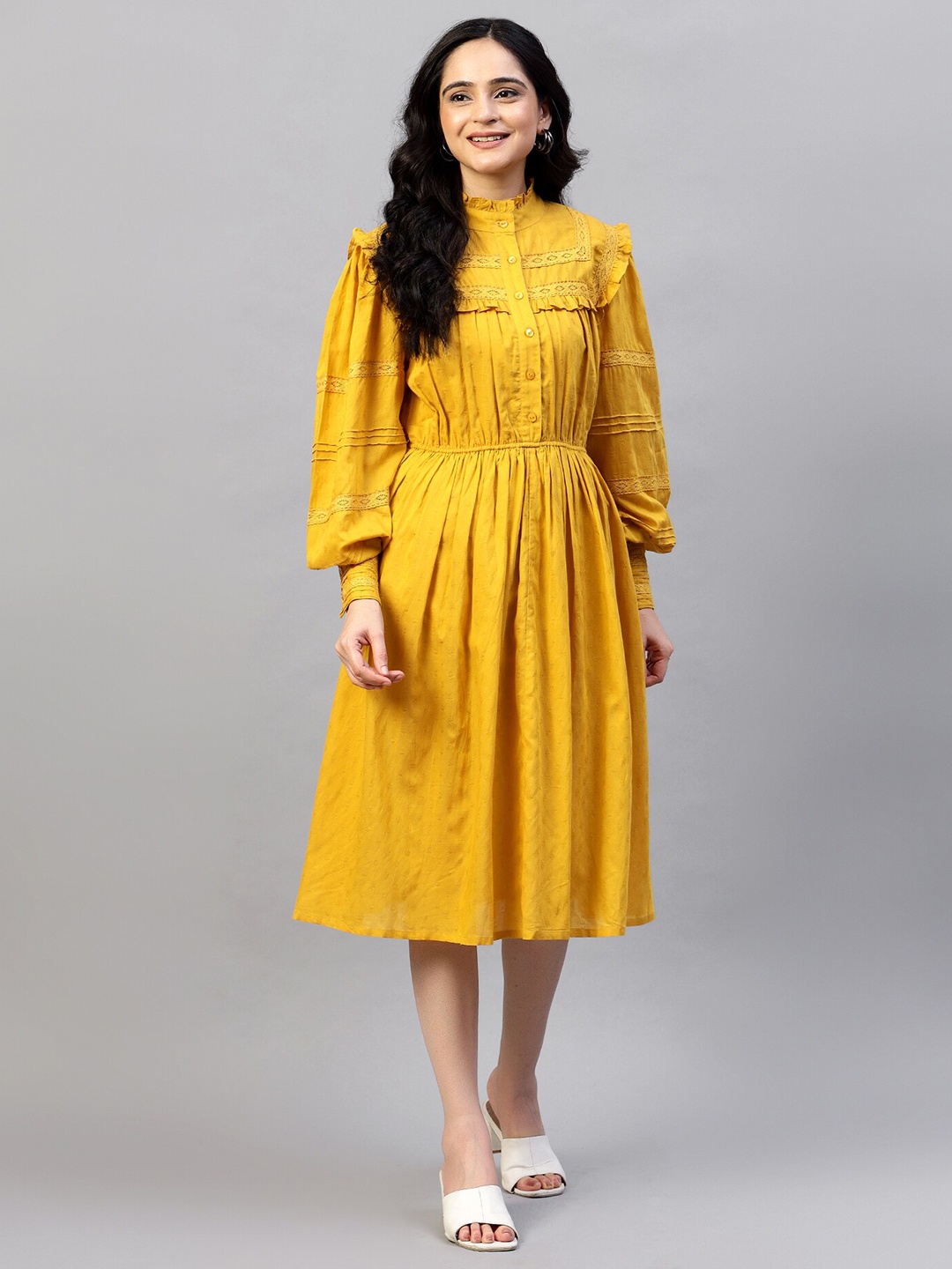 

Hencemade Self Design Mandarin Collar Cotton Fit & Flare Dress, Mustard