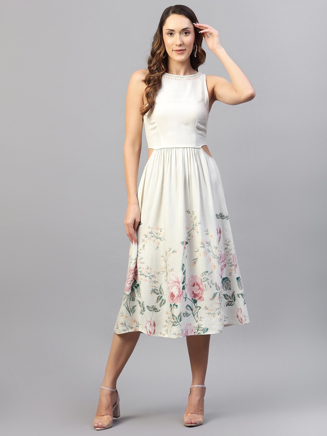 

Hencemade Floral Printed Cut-outs Cotton Fit & Flare Midi Dress, Cream