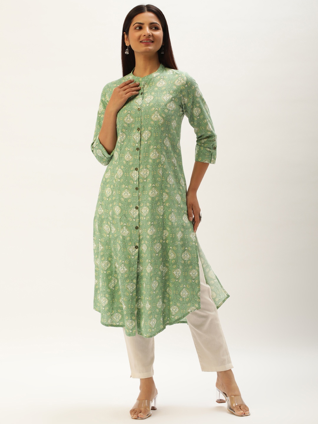 

AMUKTI Women Ethnic Motifs Printed A-Line Kurta, Sea green