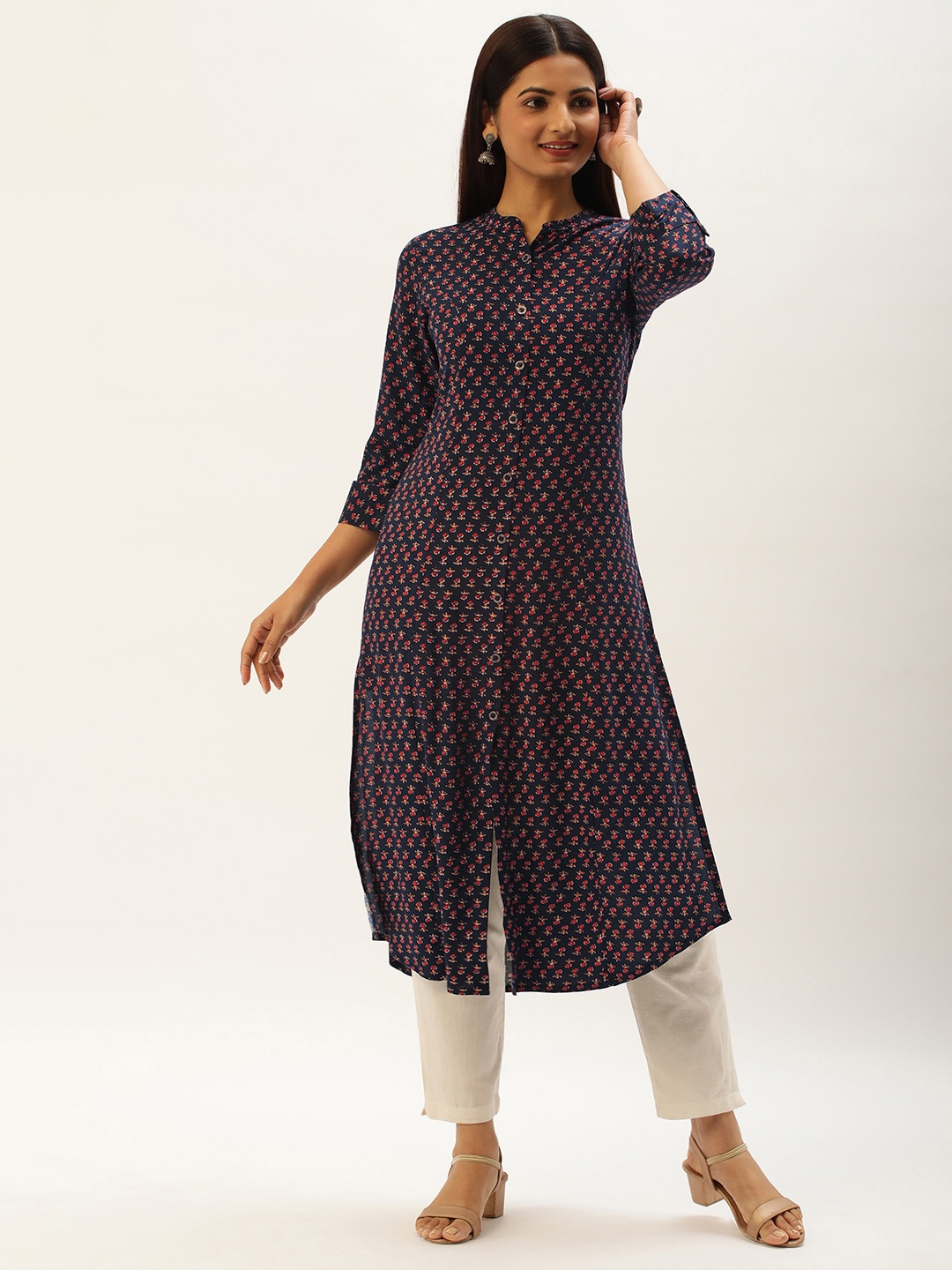 

AMUKTI Women Floral Printed A-Line Kurta, Navy blue