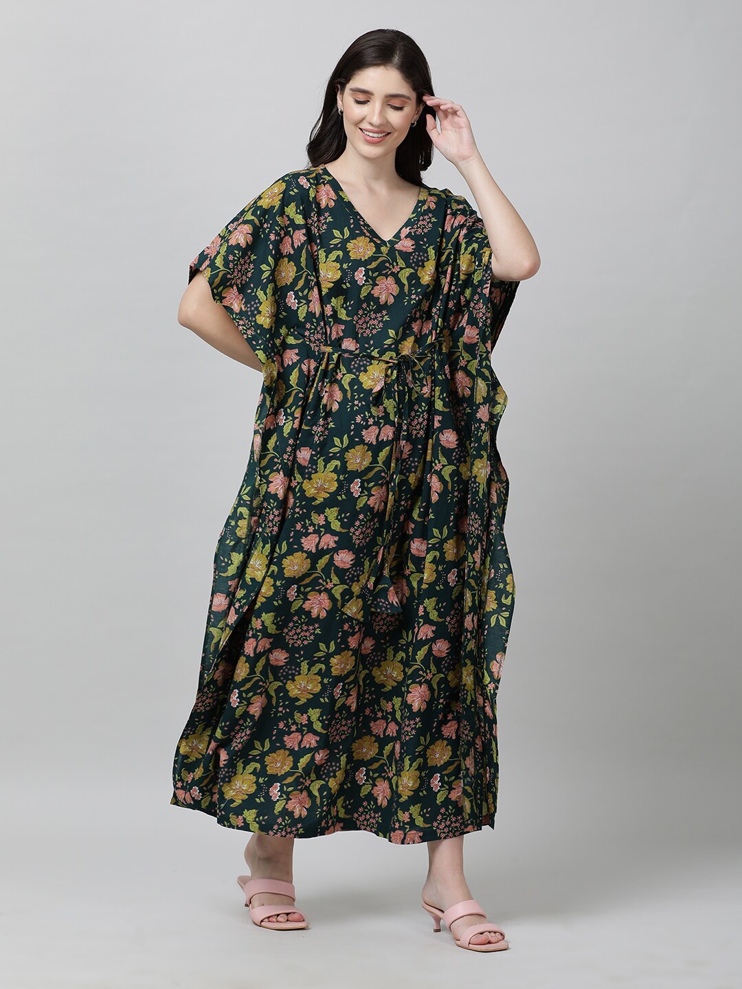 

mackly Floral Printed Flared Sleeves Kaftan Dress, Green