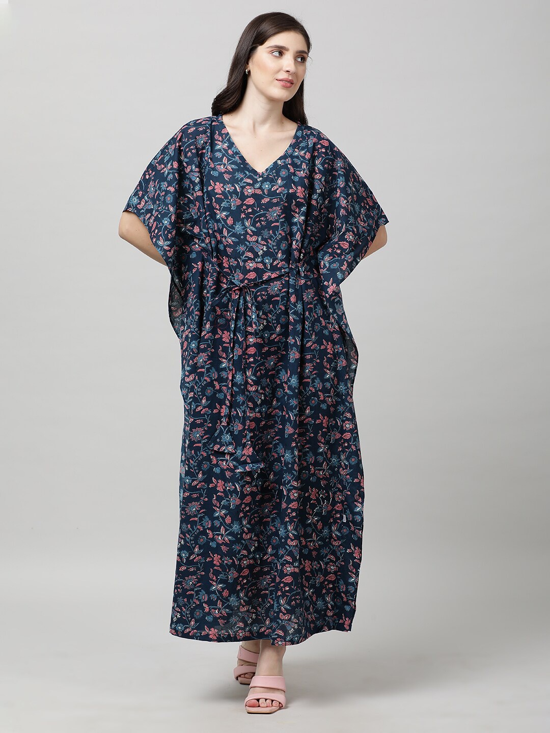 

mackly Floral Printed Flared Sleeves Kaftan Maxi Dress, Blue