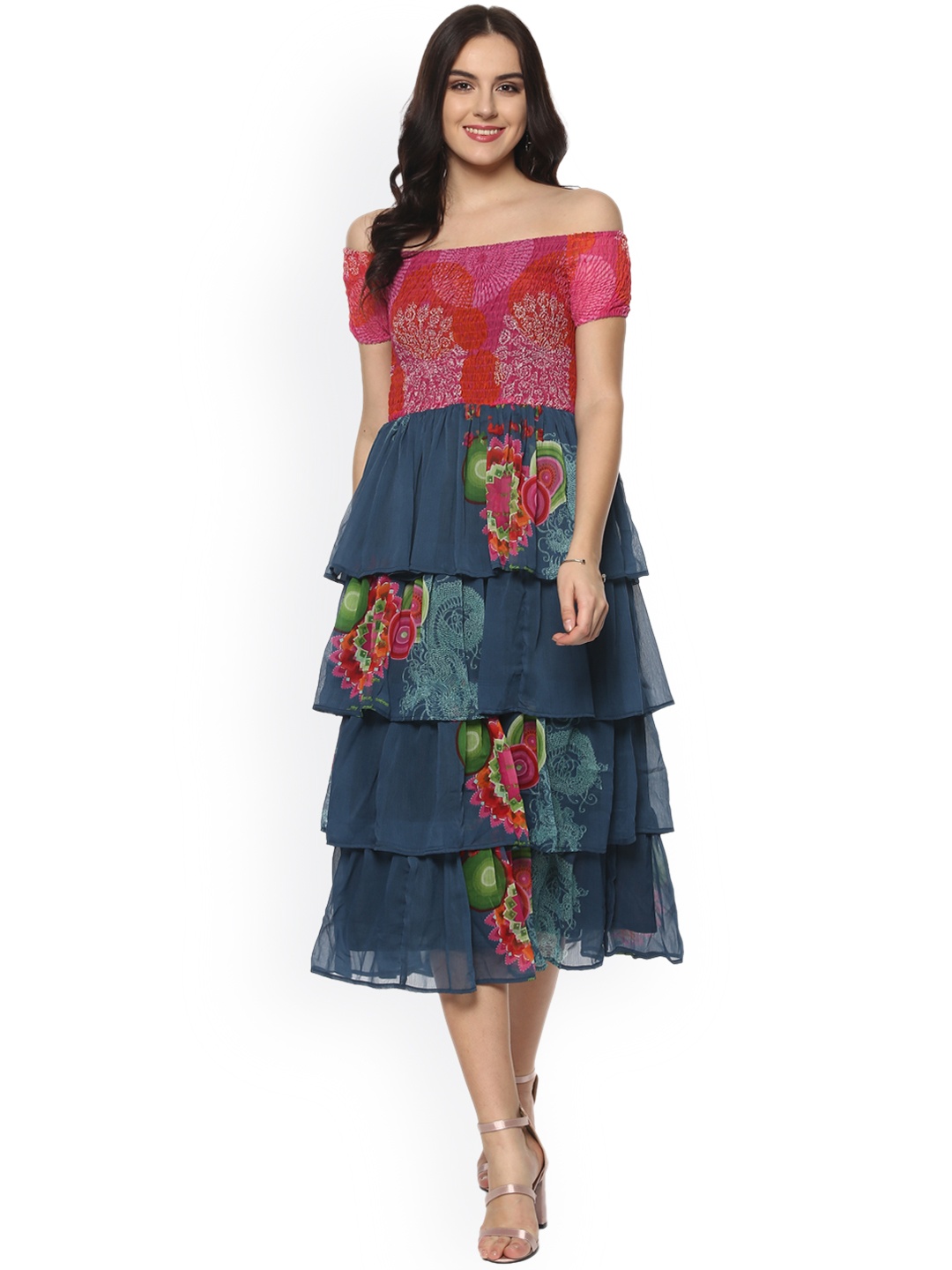 

StyleStone Women Red & Blue Printed Layered Maxi Dress