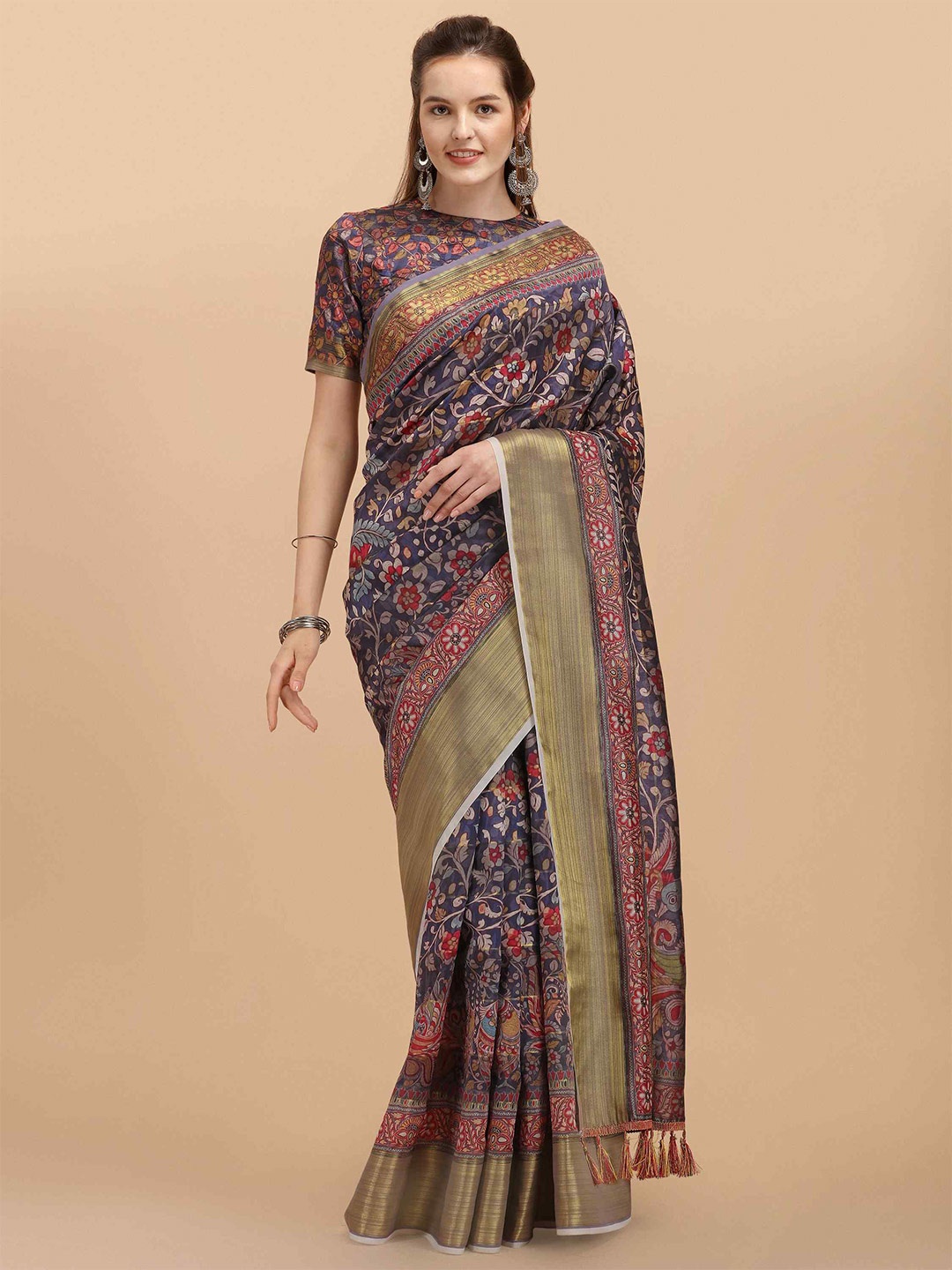 

elora Floral Printed Zari Banarasi Saree, Purple