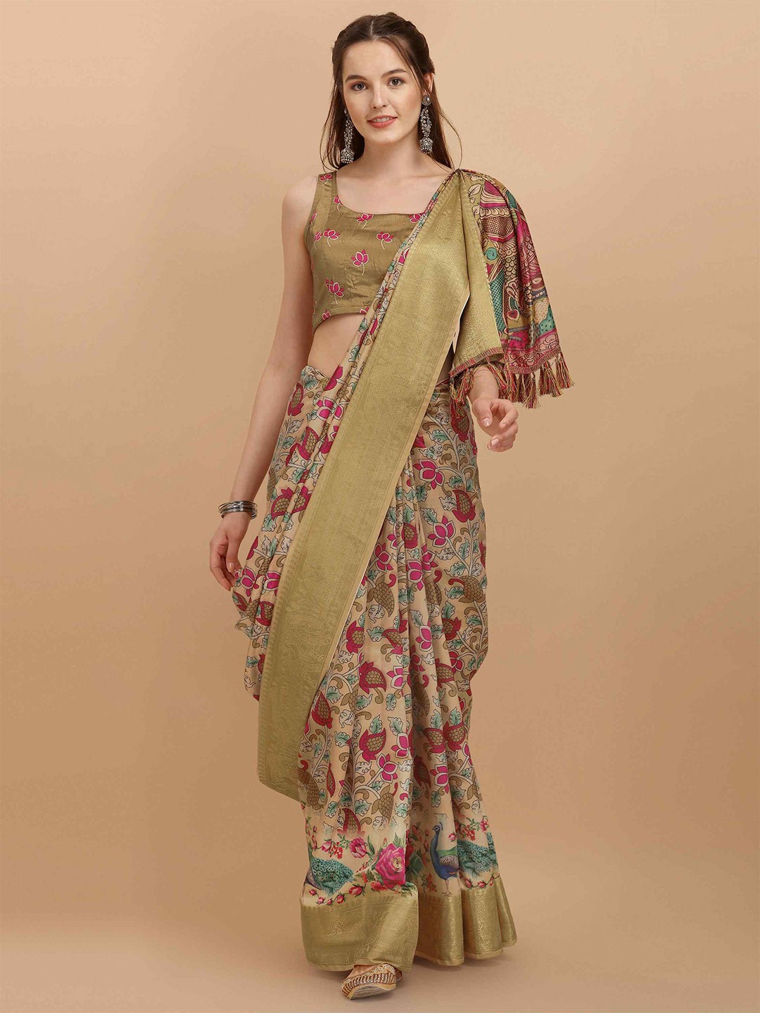 

elora Floral Printed Zari Banarasi Saree, Beige