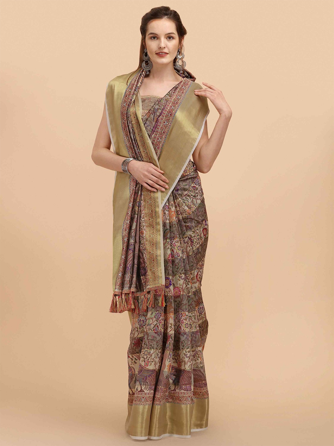

elora Floral Printed Zari Banarasi Saree, Grey