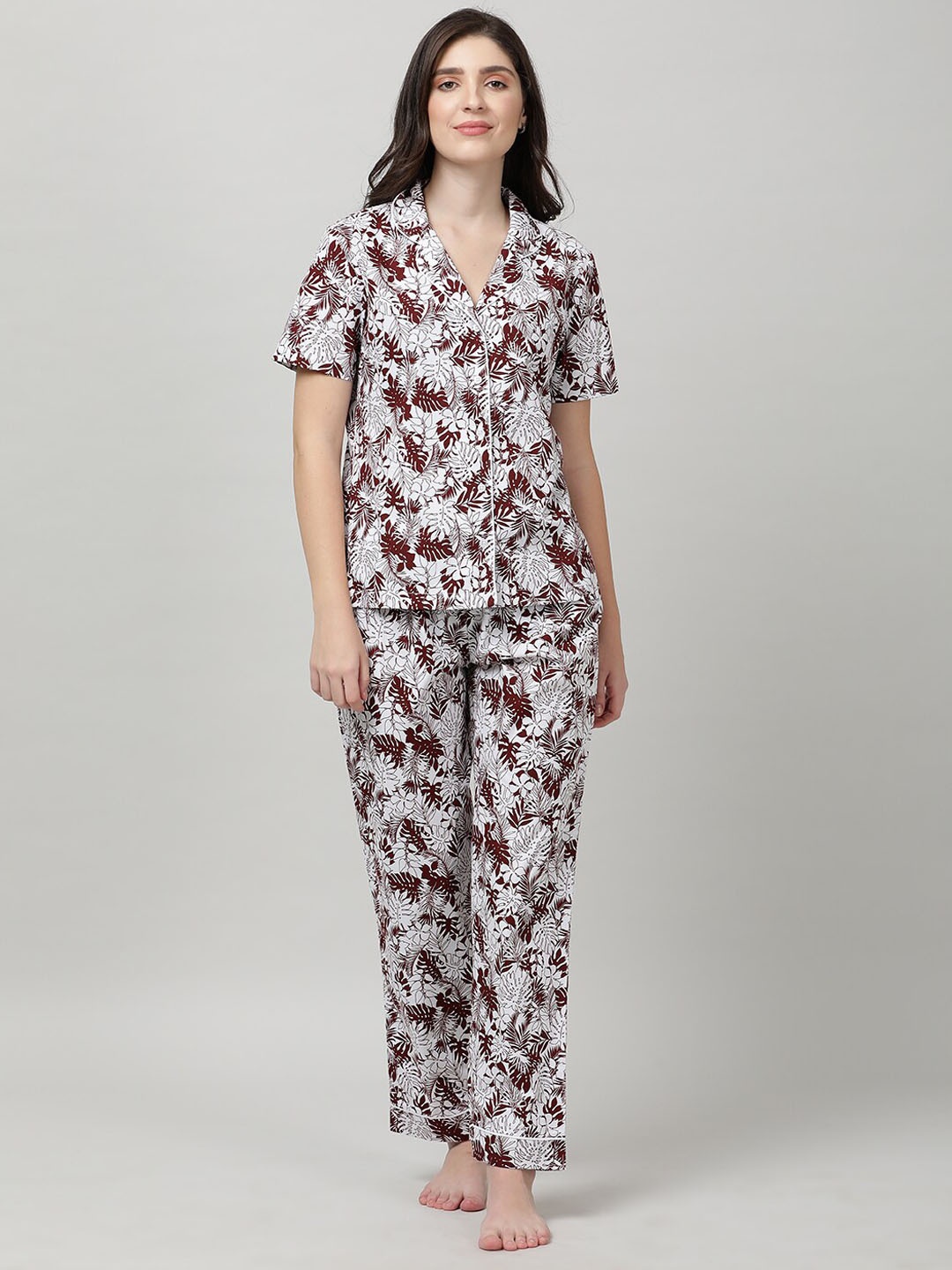 

mackly Floral Printed Pure Cotton Shirt & Pyjamas Night suit, White