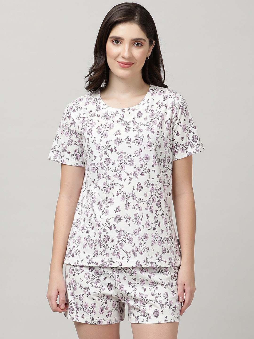 

mackly Floral Printed Pure Cotton T-shirt & Short Night Suit, White