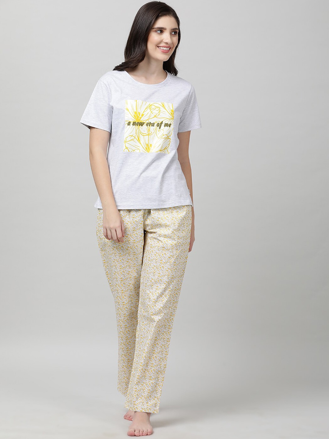 

mackly Typography Printed T-Shirt & Pyjamas Night suit, Grey melange