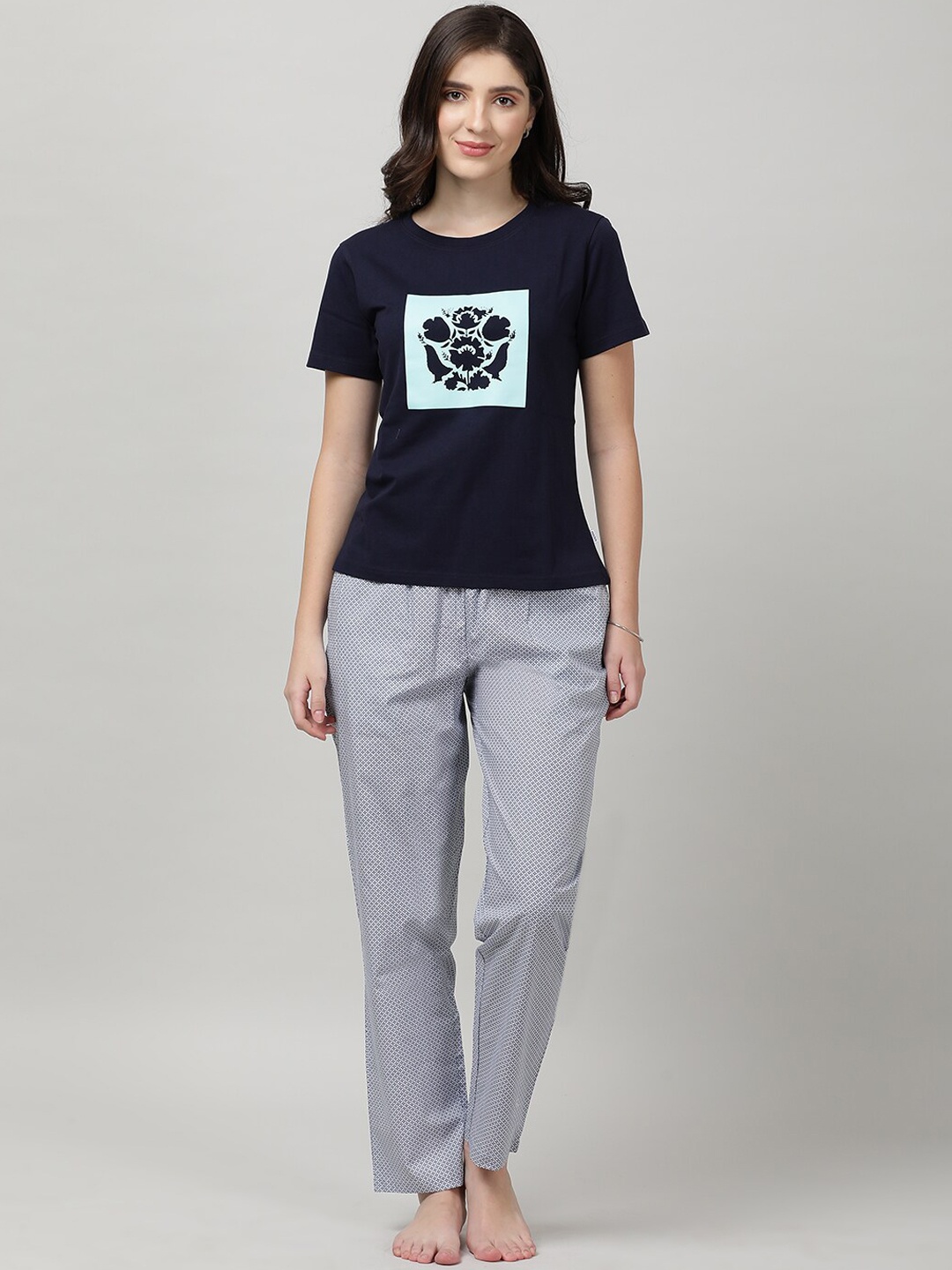 

mackly Graphic Printed Pure Cotton T-Shirt & Pyjamas Night suit, Navy blue