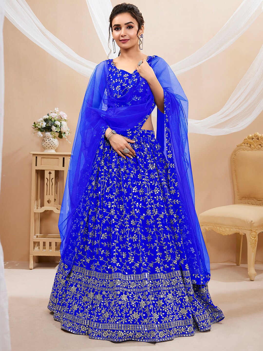 

FABPIXEL Blue & Gold-Toned Embroidered Sequinned Semi-Stitched Lehenga & Unstitched Blouse With Dupatta