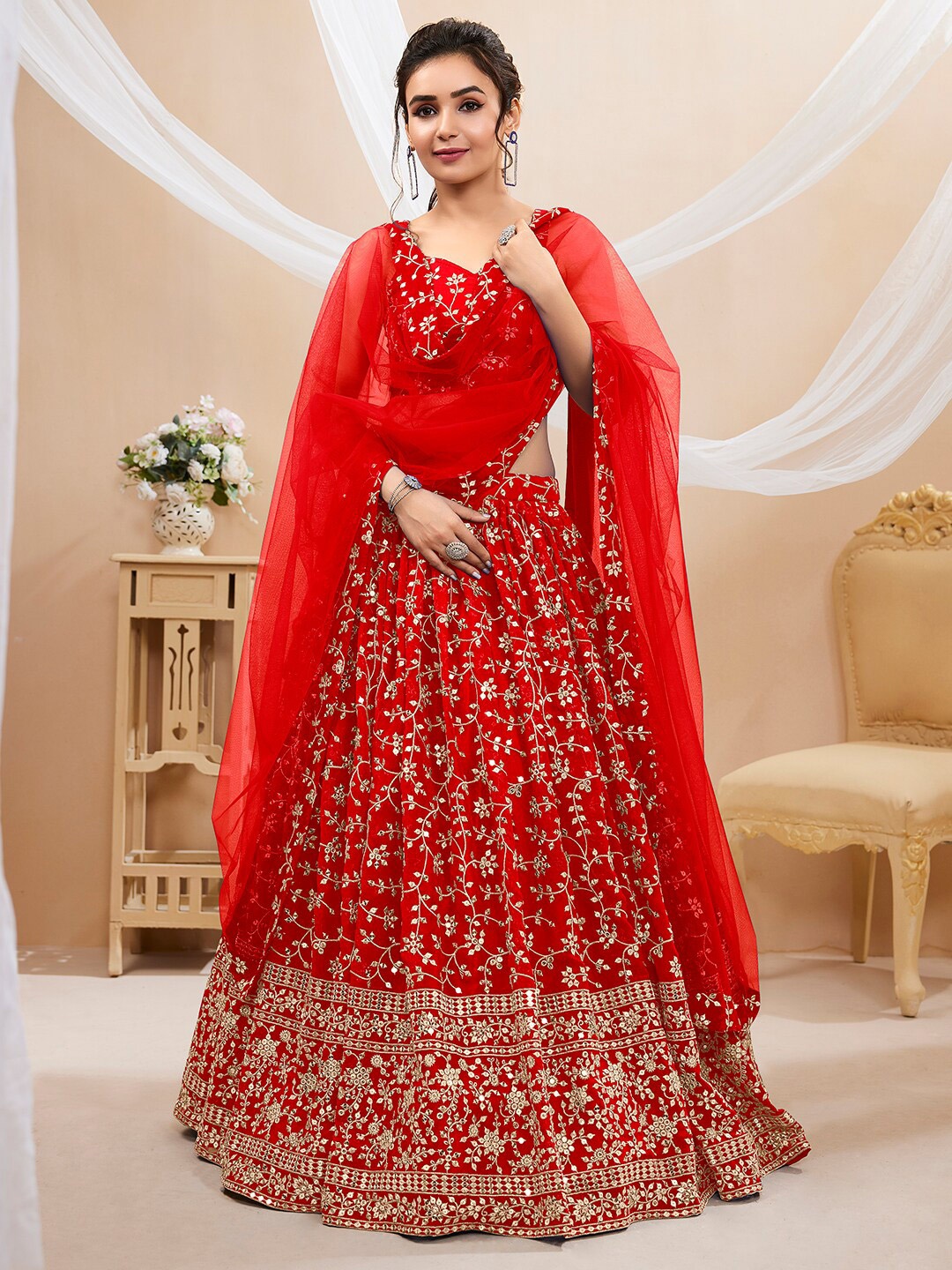 

FABPIXEL Red & Gold-Toned Embroidered Sequinned Semi-Stitched Lehenga & Unstitched Blouse With Dupatta