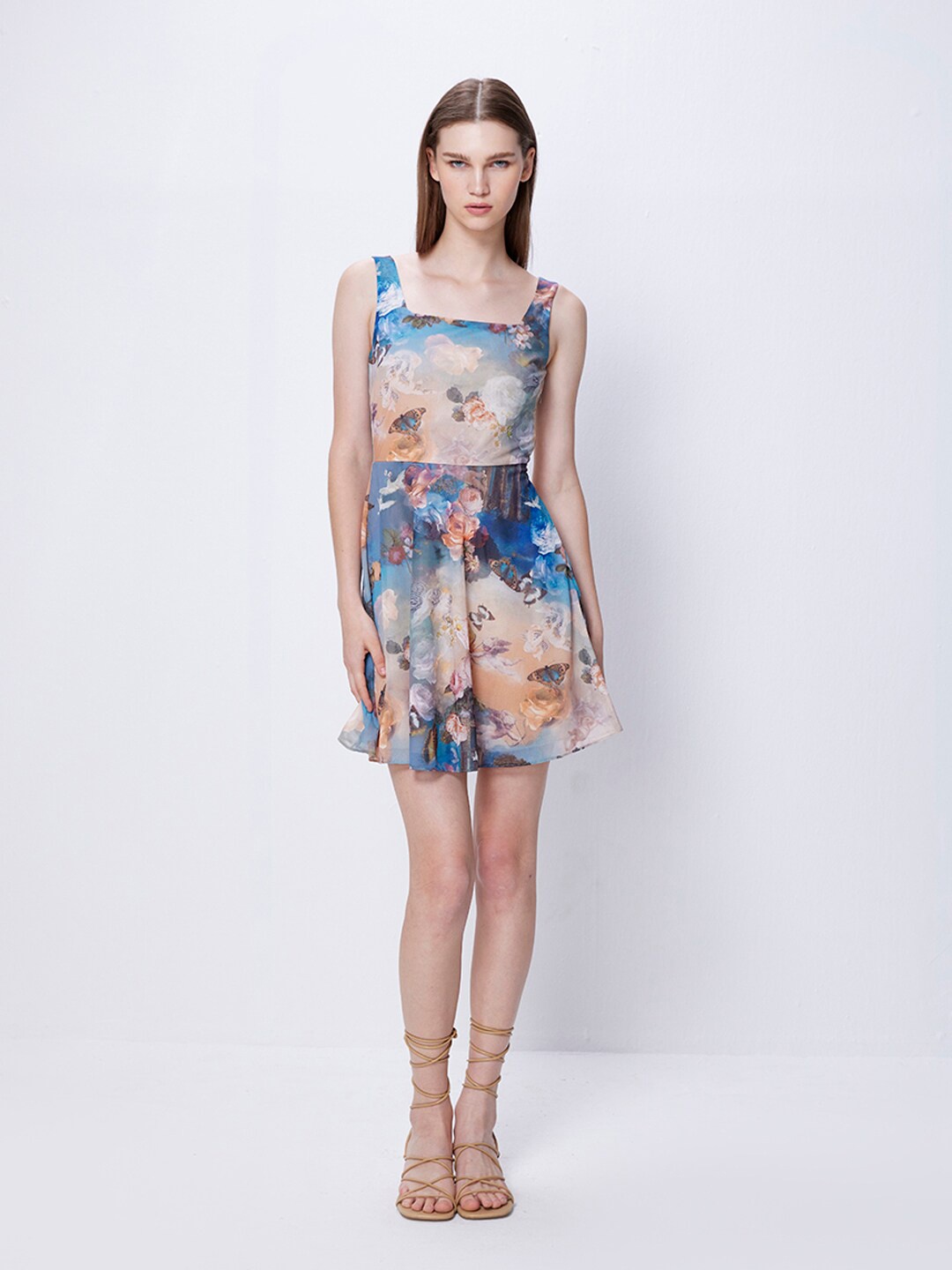 

COVER STORY Blue & Beige Floral Printed Fit & Flare Mini Dress