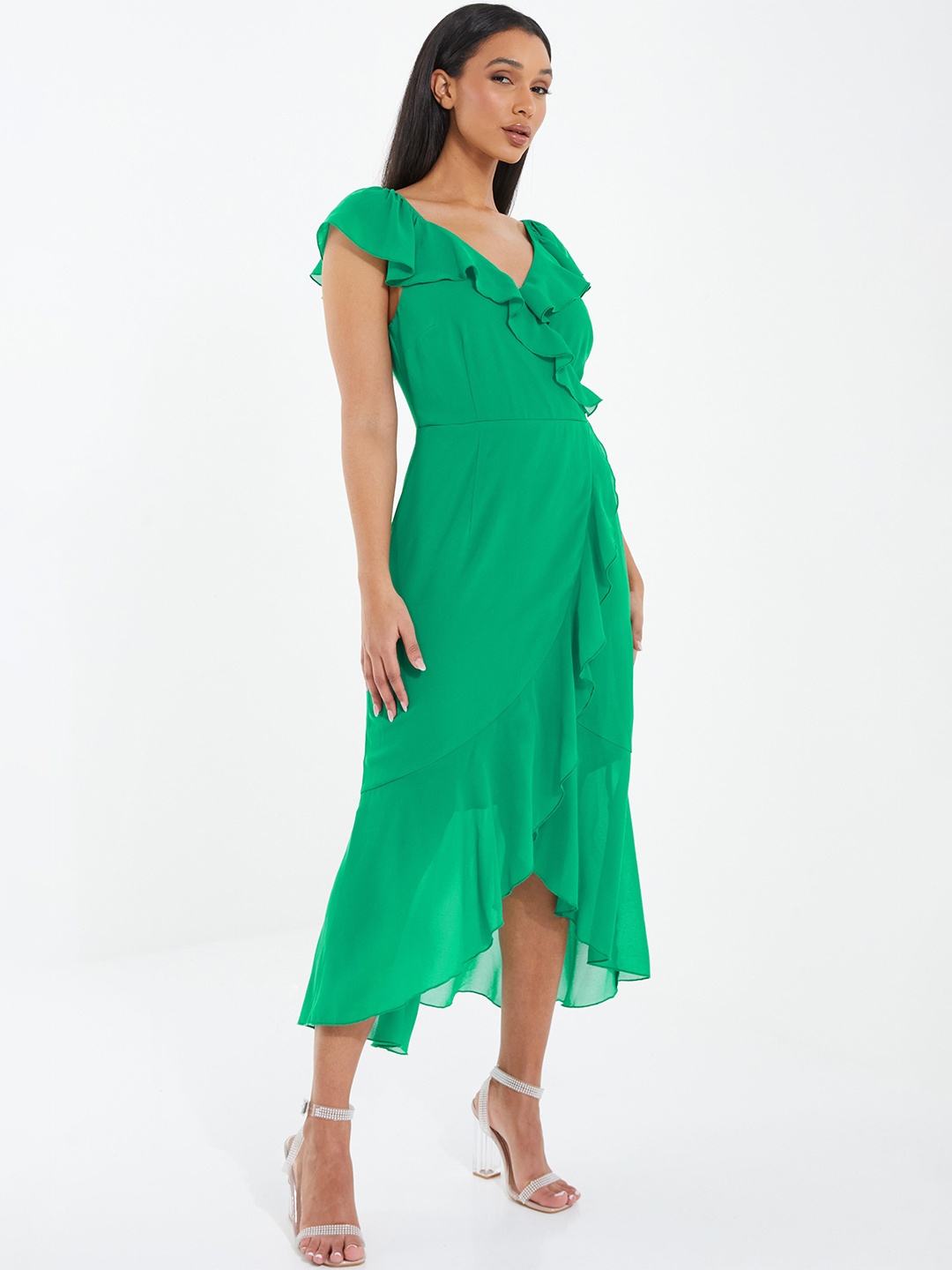 

QUIZ Green Flutter Sleeve Ruffled Fit & Flare Midi Dress