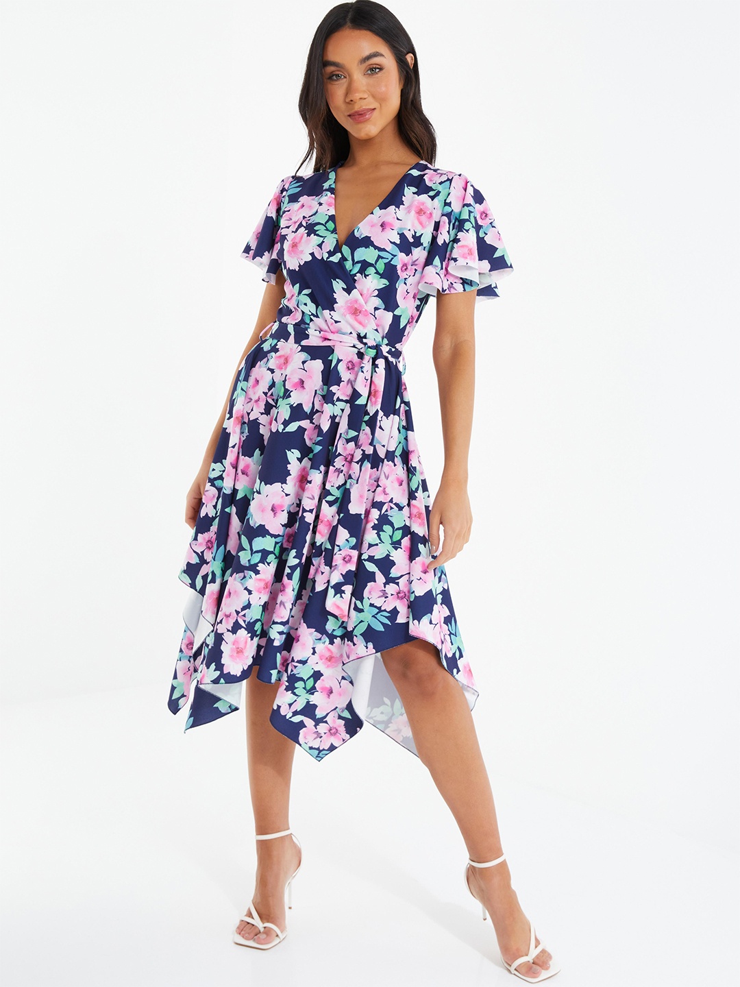 

QUIZ Floral Printed Flared Sleeves Tie Ups Fit & Flare Midi Dress With Belt, Navy blue