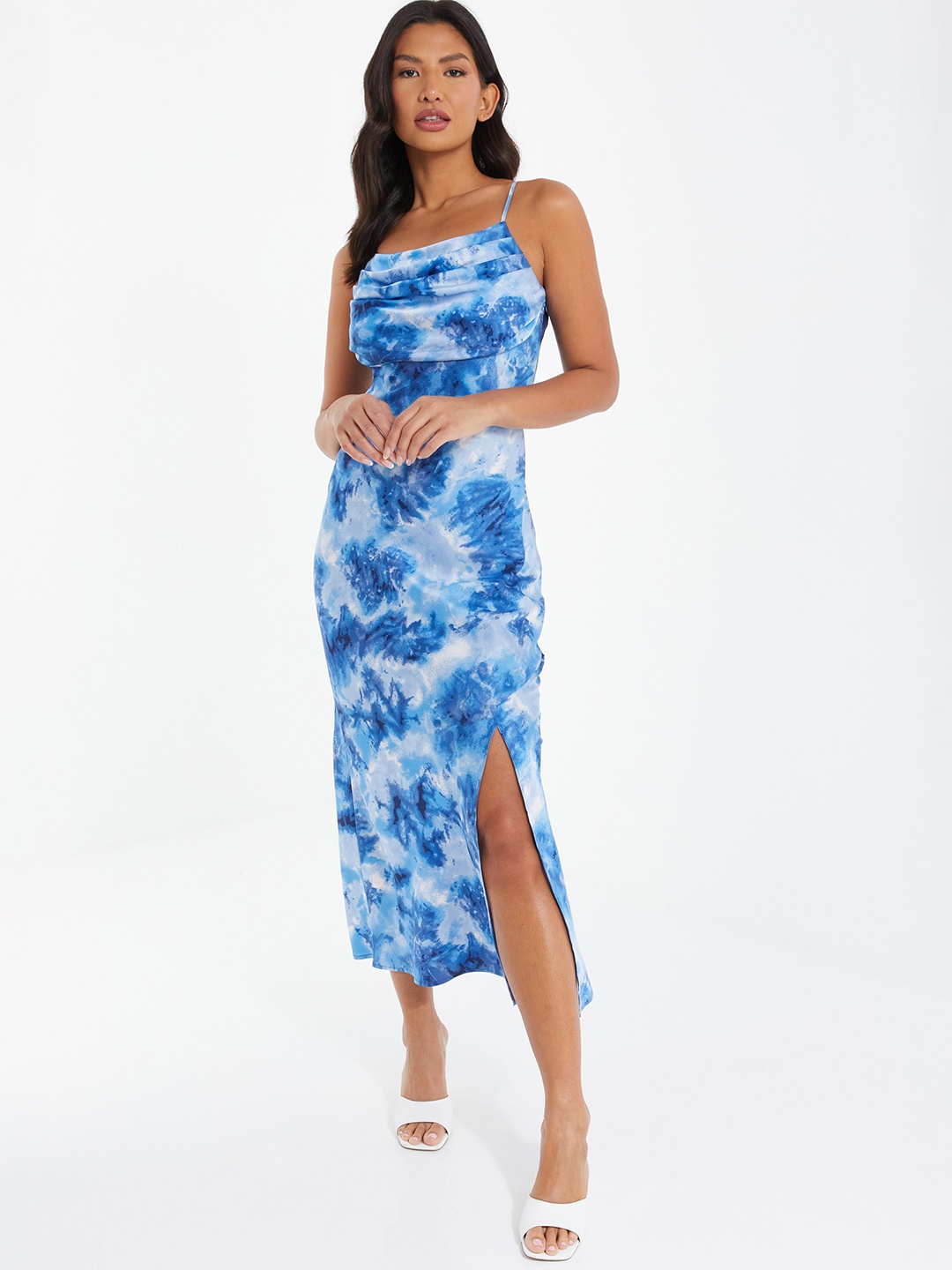 

QUIZ Tie and Dye Printed Cowl Neck Gathered Sheath Midi Dress, White