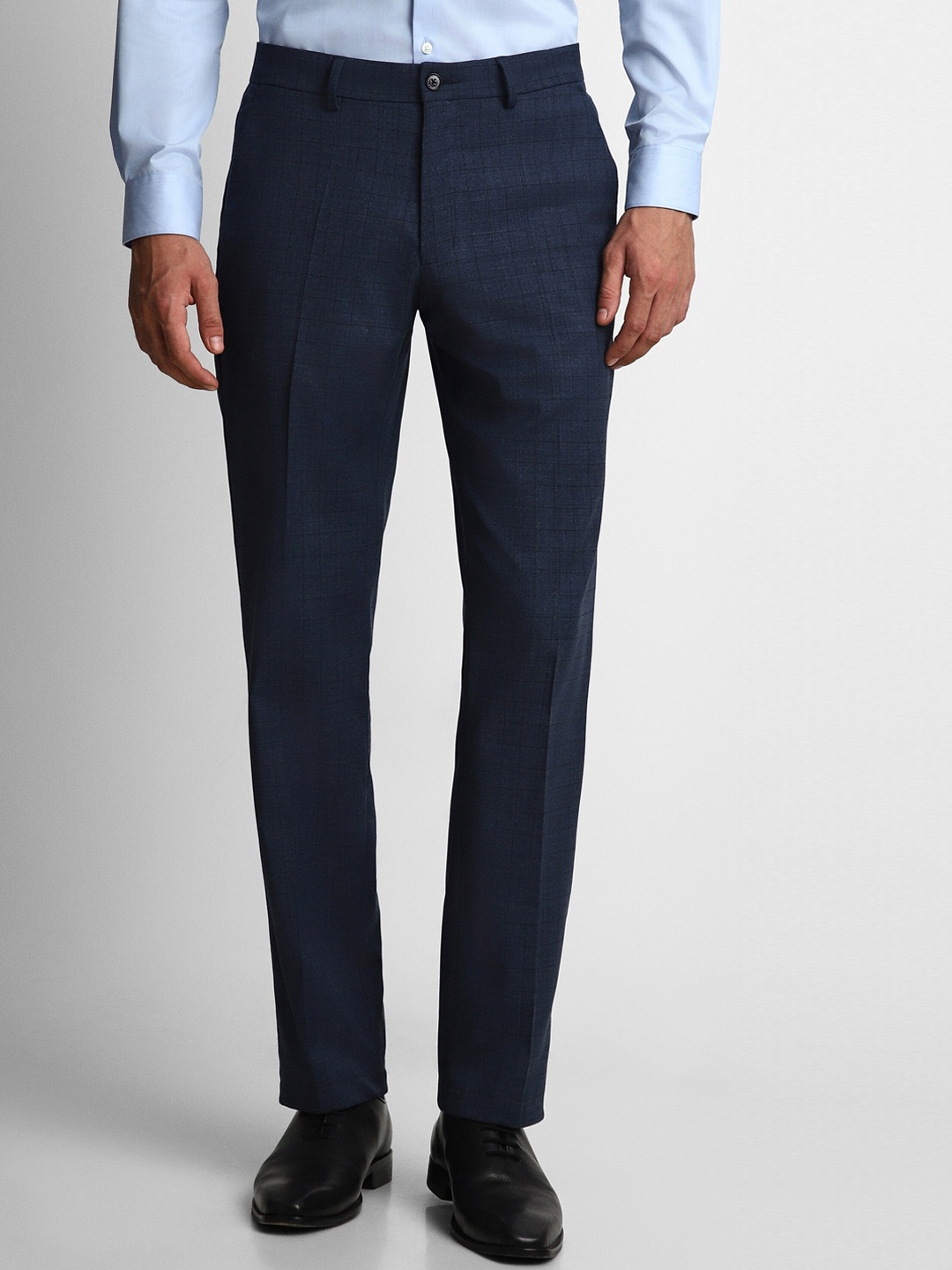 

Louis Philippe Men Checked Mid Rise Formal Trousers, Navy blue