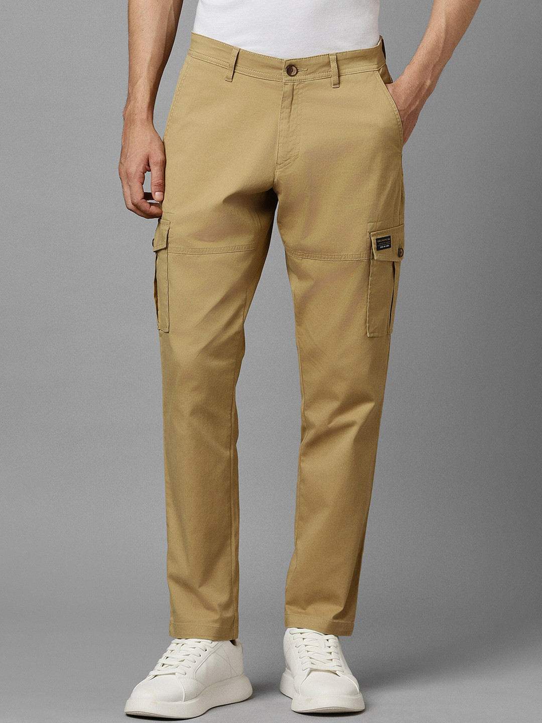 

Louis Philippe Jeans Men Mid-Rise Cotton Slim Fit Cargos Trousers, Khaki