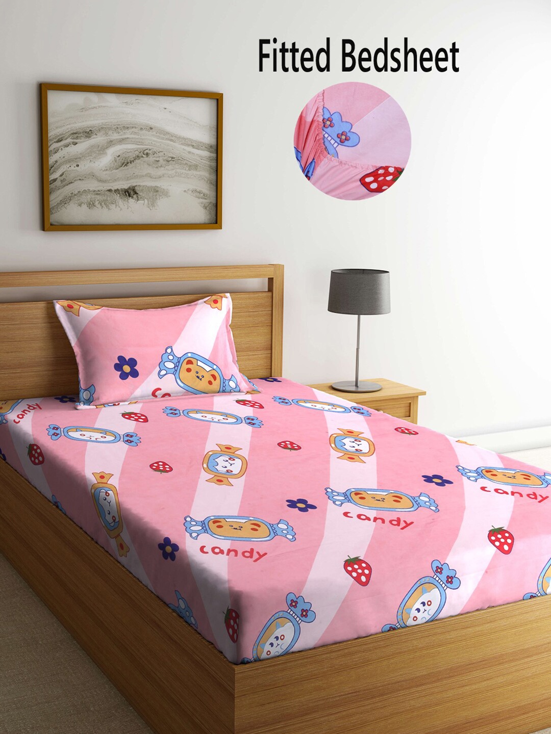 

FABINALIV Pink & White Cartoon Characters 300 TC Single Bedsheet With Pillow Cover
