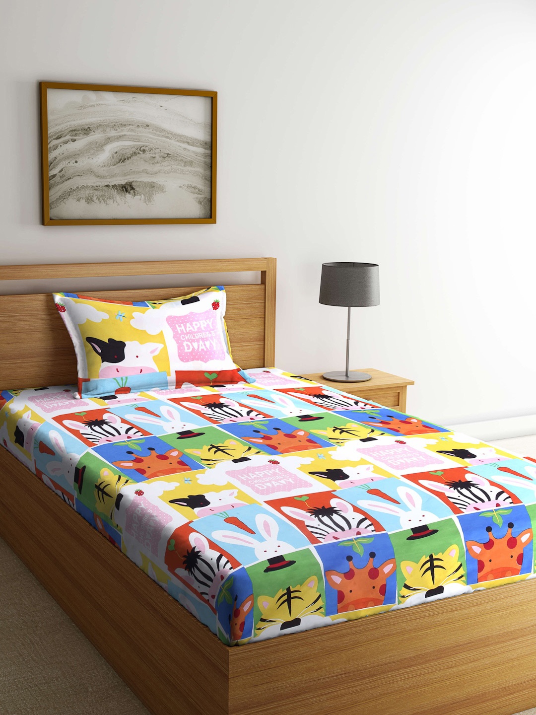 

FABINALIV White Cartoon Characters Fitted 300 TC Single Bedsheet With 1 Pillow Cover