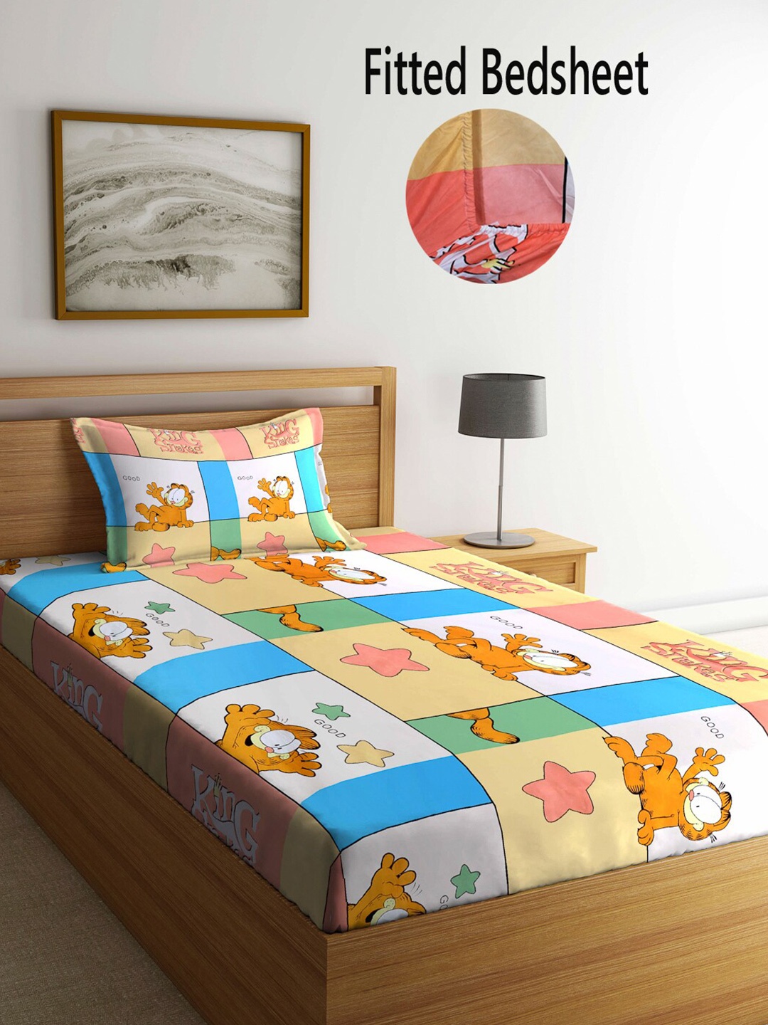

FABINALIV Blue & Yellow Cartoon Characters 300 TC Fitted Single Bedsheet & 1 Pillow Cover