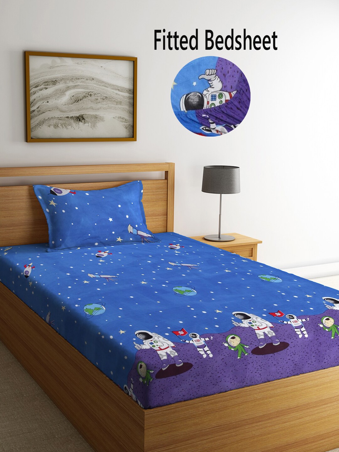 

FABINALIV Blue & White Graphic Fitted 300 TC Single Bedsheet With 1 Pillow Cover
