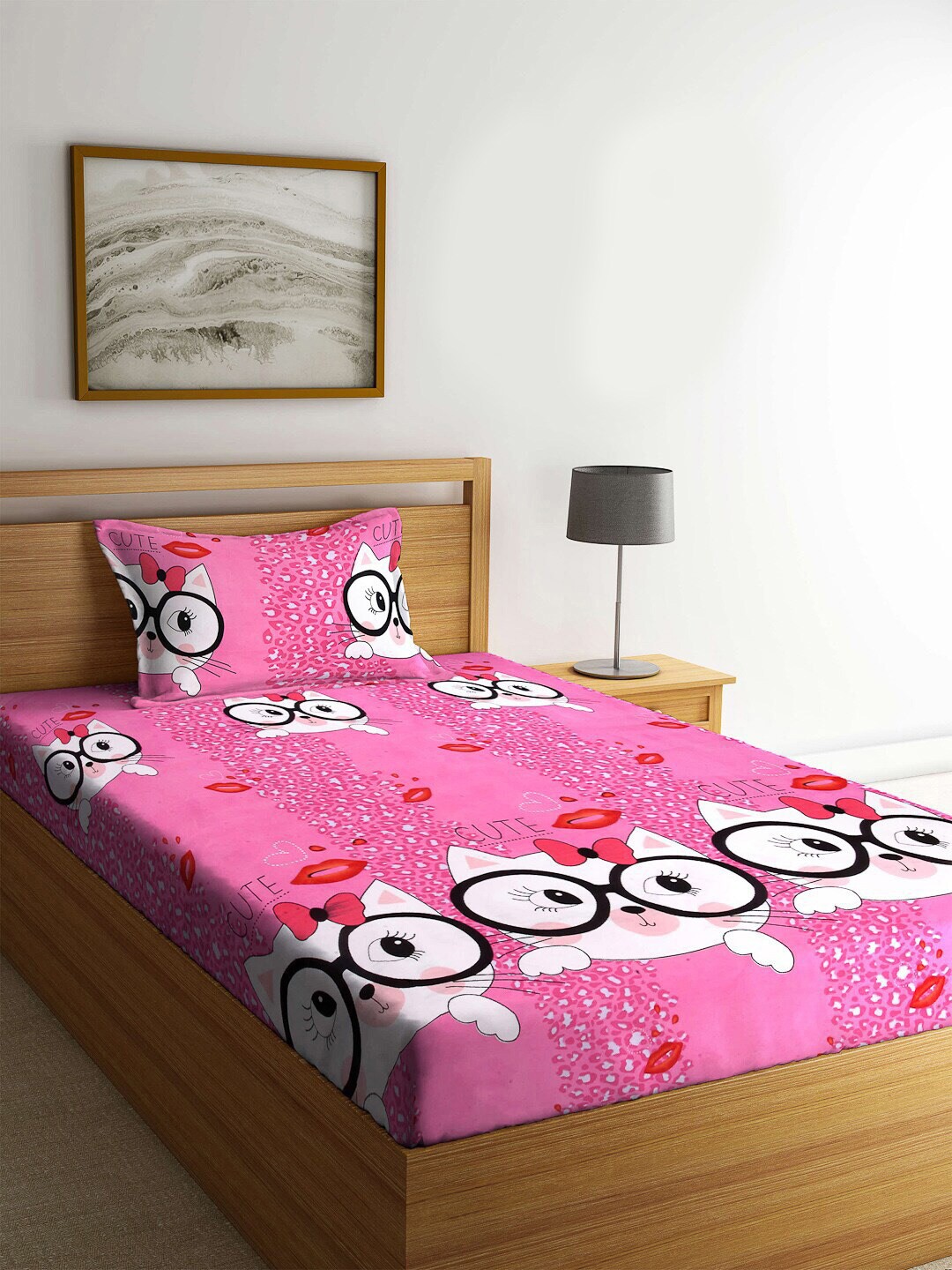 

FABINALIV Pink Cartoon Characters Fitted 300 TC Single Bedsheet With 1 Pillow Cover