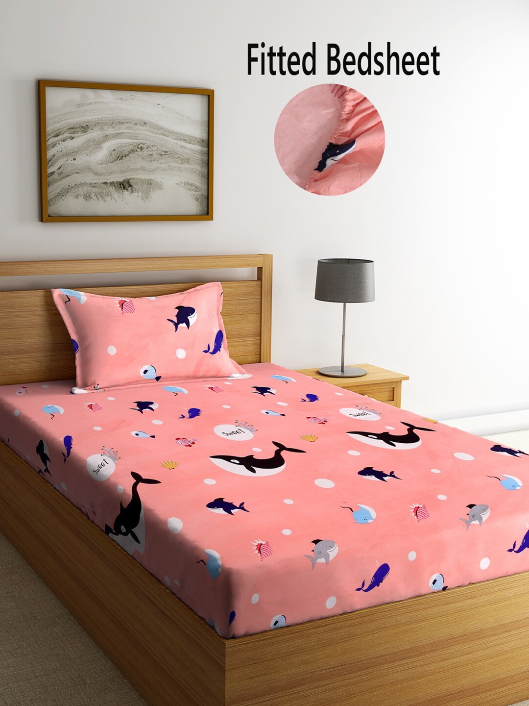 

FABINALIV Peach-Coloured Cartoon Characters 300 TC Single Bedsheet With Pillow Cover