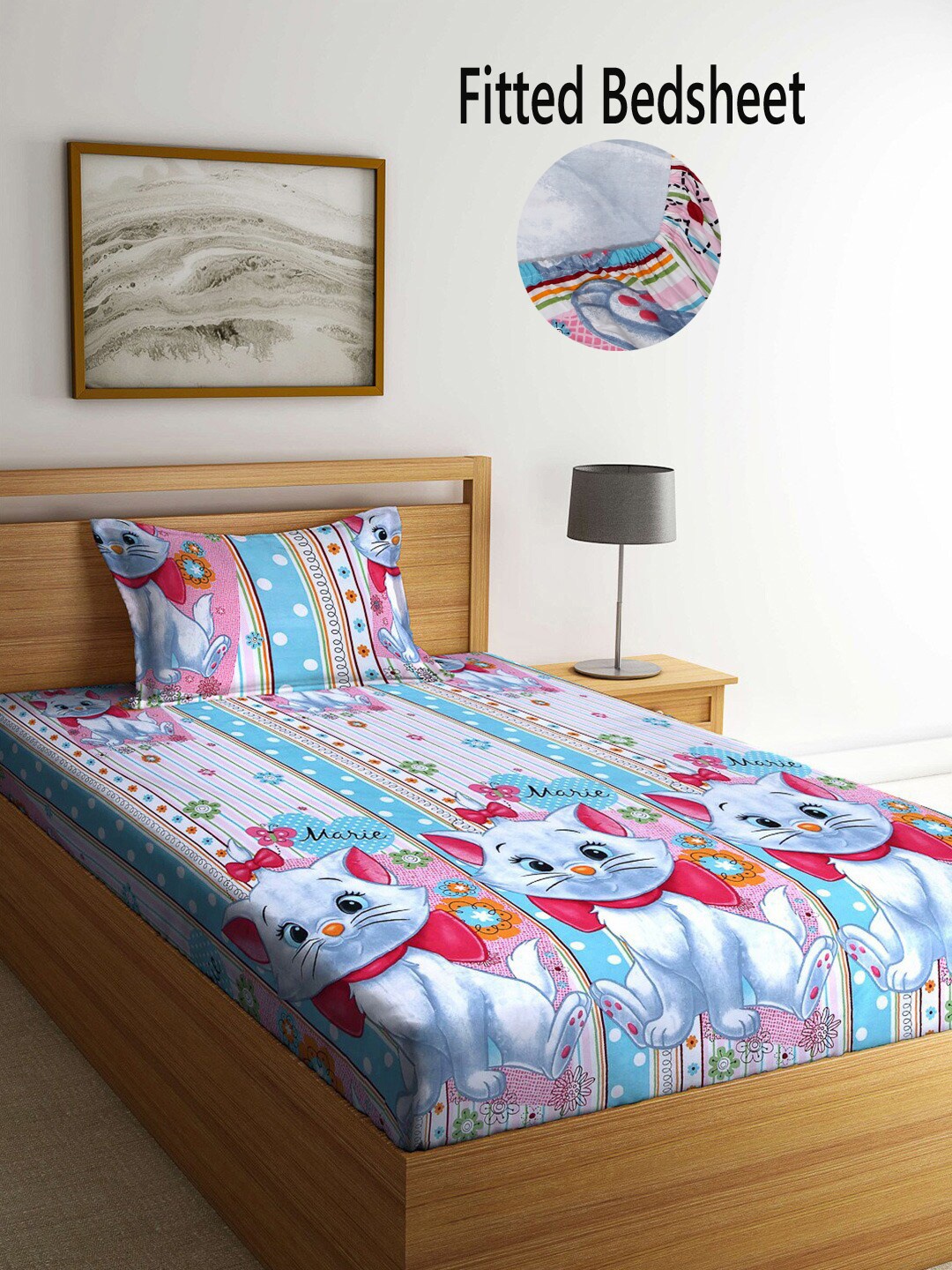 

FABINALIV White & Red Cartoon Characters Fitted 300 TC Single Bedsheet With 1 Pillow Cover