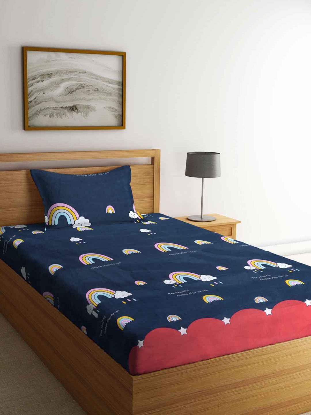 

FABINALIV Blue Cartoon Characters 300 TC Fitted Single Bedsheet With 1 Pillow Cover